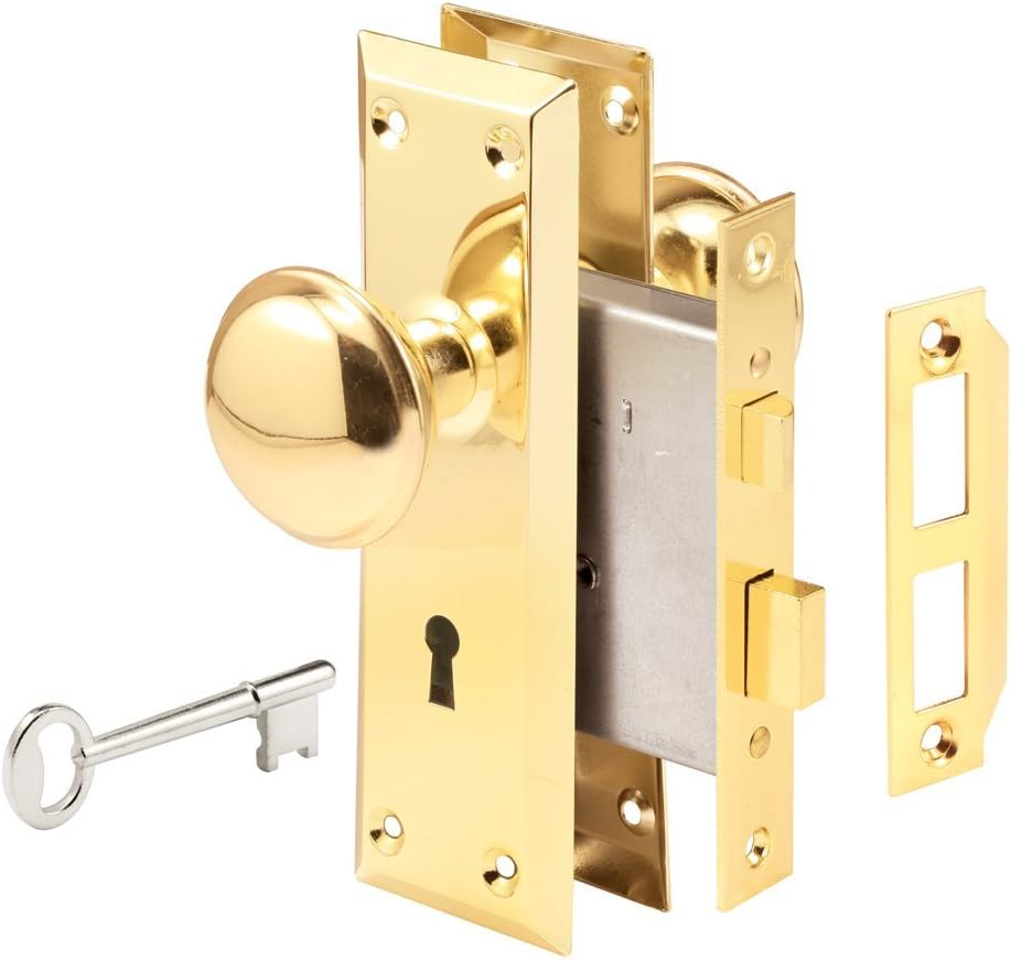 Prime-Line Products E 2293 Mortise Lock Set, 2-3/8 In. Backset, Case Hardened Steel, Polished Brass, Reversible