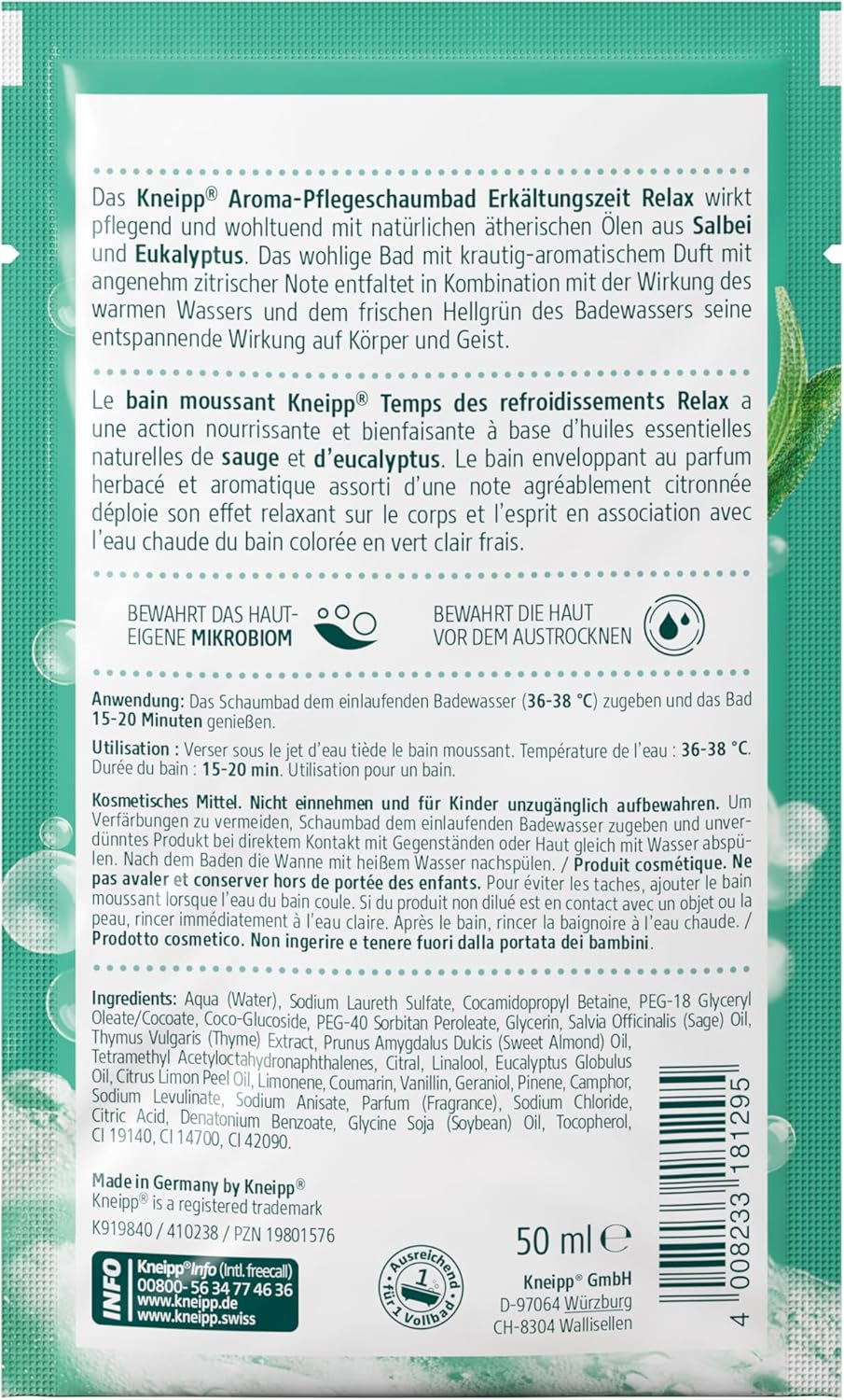 Kneipp Aroma Care Foam Bath for Cold Time Relax - Relaxation and Wellbeing with the Power of Essential Oils - Bath Additive with Natural Essential Oils of Sage and Eucalyptus - 15 X 50 Ml
