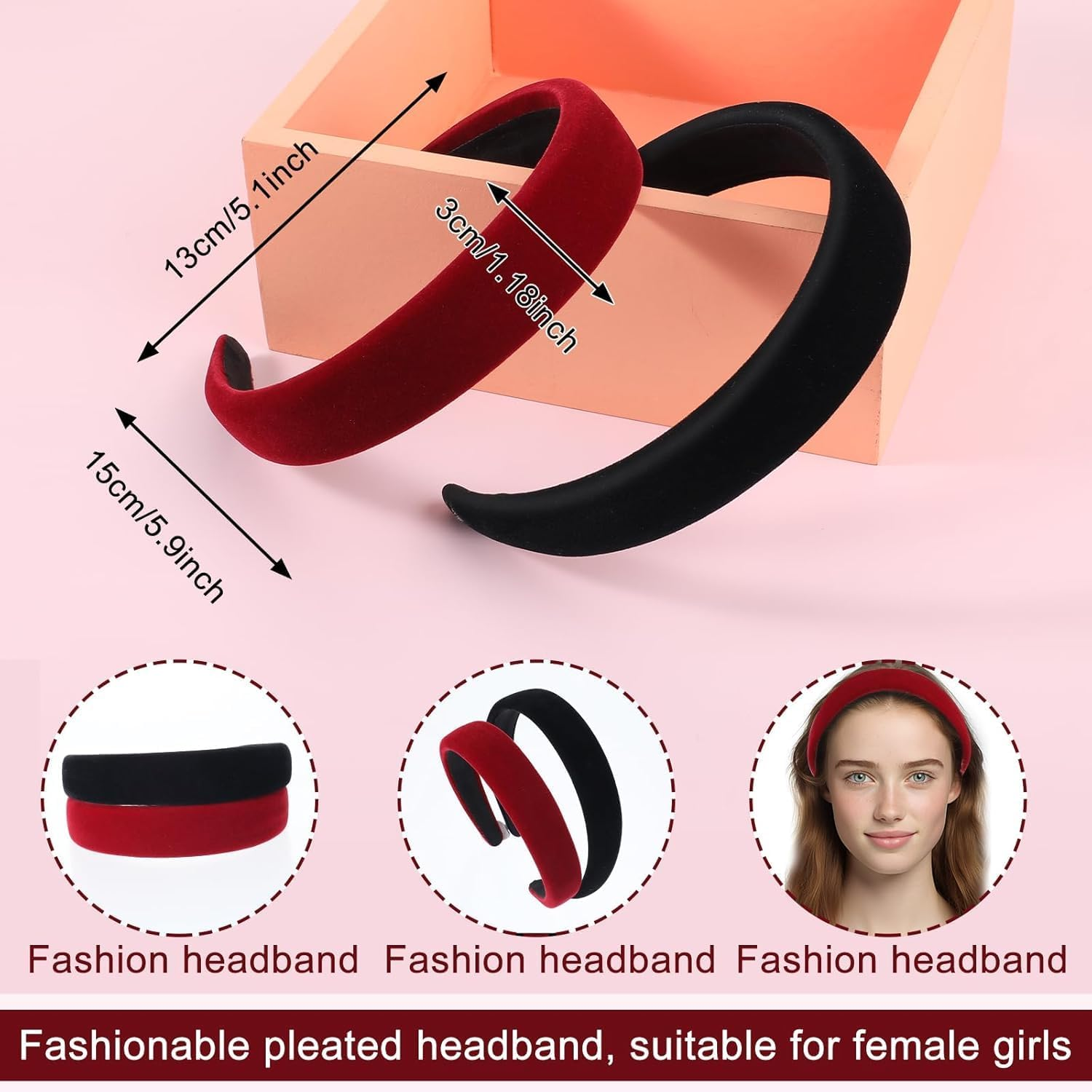 Black Red Velvet Padded Headbands,2Pcs Black Red Wide Thick Velvet Headband,Black Red Wide Velvet Headband Hair Band,Black Red Wide Padded Headbands Velvet Headbands Non-Slip Fashion Velvet Hair Band image number 1