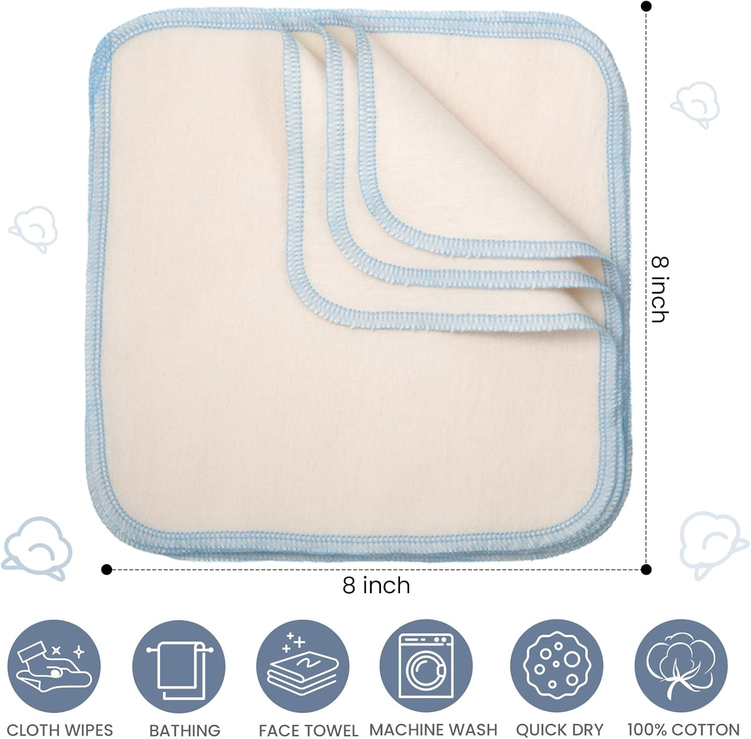 Mixweer 96 Pcs Flannel Cloth Diapers - Reusable, Washable, Natural Unbleached Baby Face Wipes - Soft & Sturdy - 8 Colors, Outer Stitching - 8 X 8 Inches image number 3