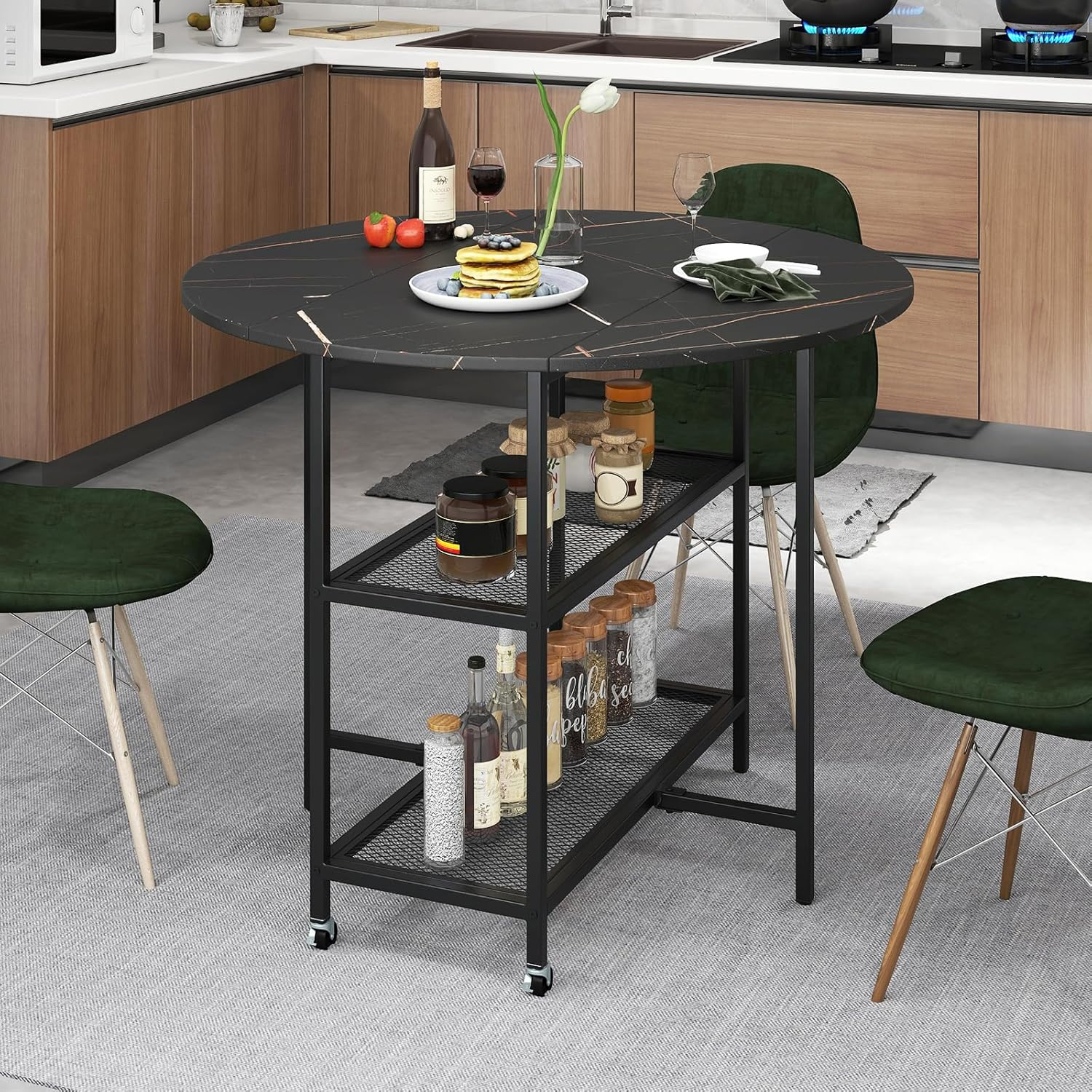 Giantex Mobile Folding Dining Table Seats 2-4 People, round Drop Leaf Kitchen Table W/ 2 Storage Shelves, Space-Saving Extendable Diner Table for Dining Room Living Room Apartment (Black) image number 4