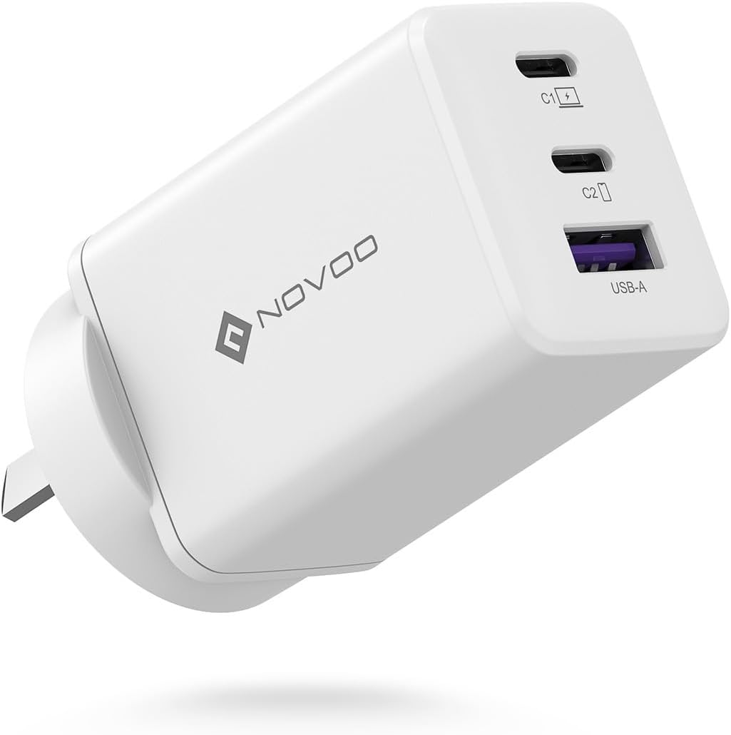 NOVOO 67W USB C Charger, 3-Port Gan III Fast Charger Block with PD3.0, PPS, Compact Wall Charger, AU Plug Power Adapter for Macbook, Ipad, Galaxy S25/S24 Ultra, Iphone 16/15Pro, Dell XPS 13 - White