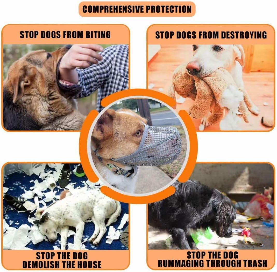 Dog Muzzle, 1X Adjustable Soft Mesh Breathable Dog Muzzle Prevent Eating Biting Barking Mouth Cover for Small Medium Large Dogs (Grey M) image number 5