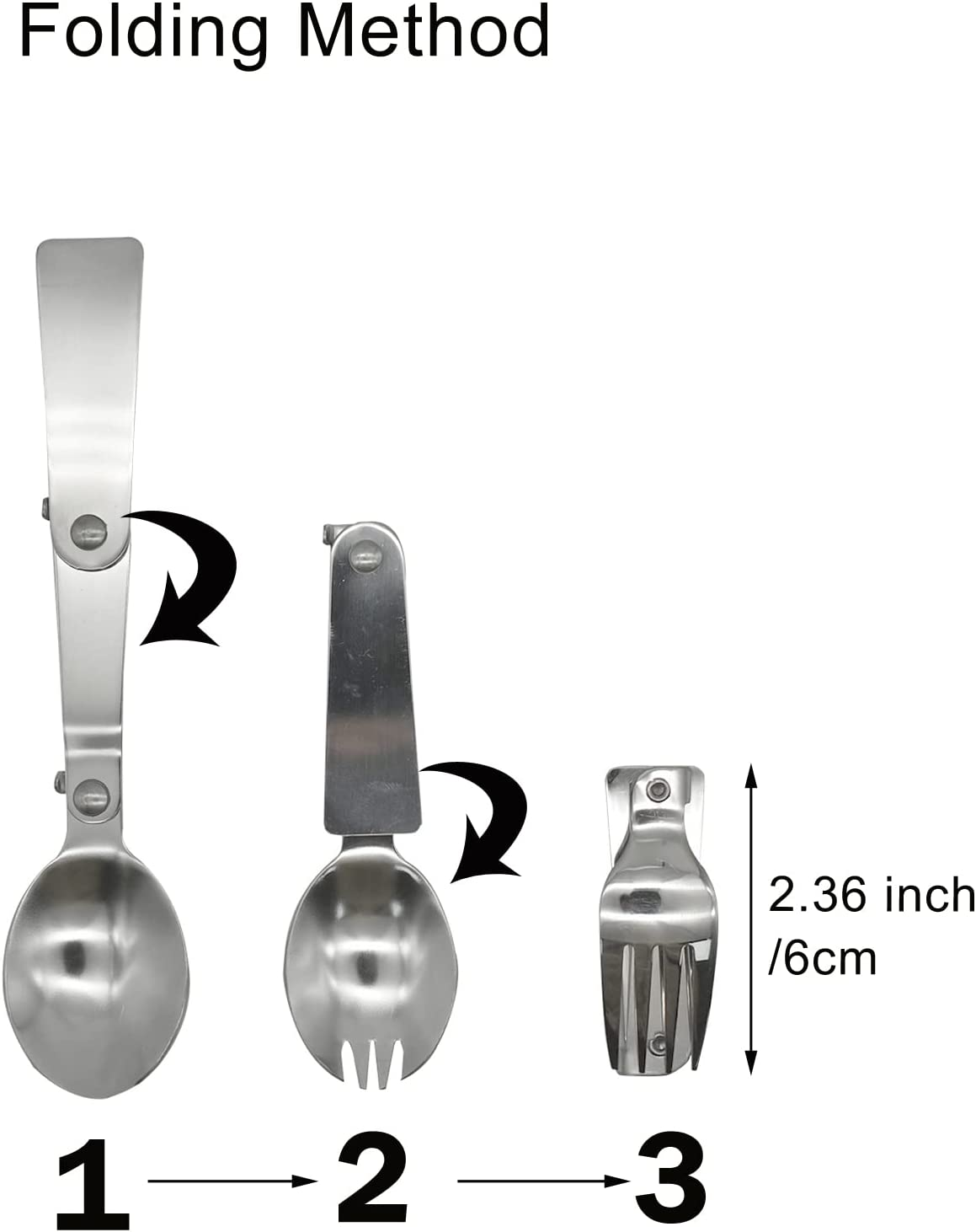 Pinenjoy 3Pcs Foldable Spoon Fork Salad Spork Set 18/10(304) Stainless Steel Portable Camping Flatware Set for Thermos Outdoor Travel Picnic Fishing Boating