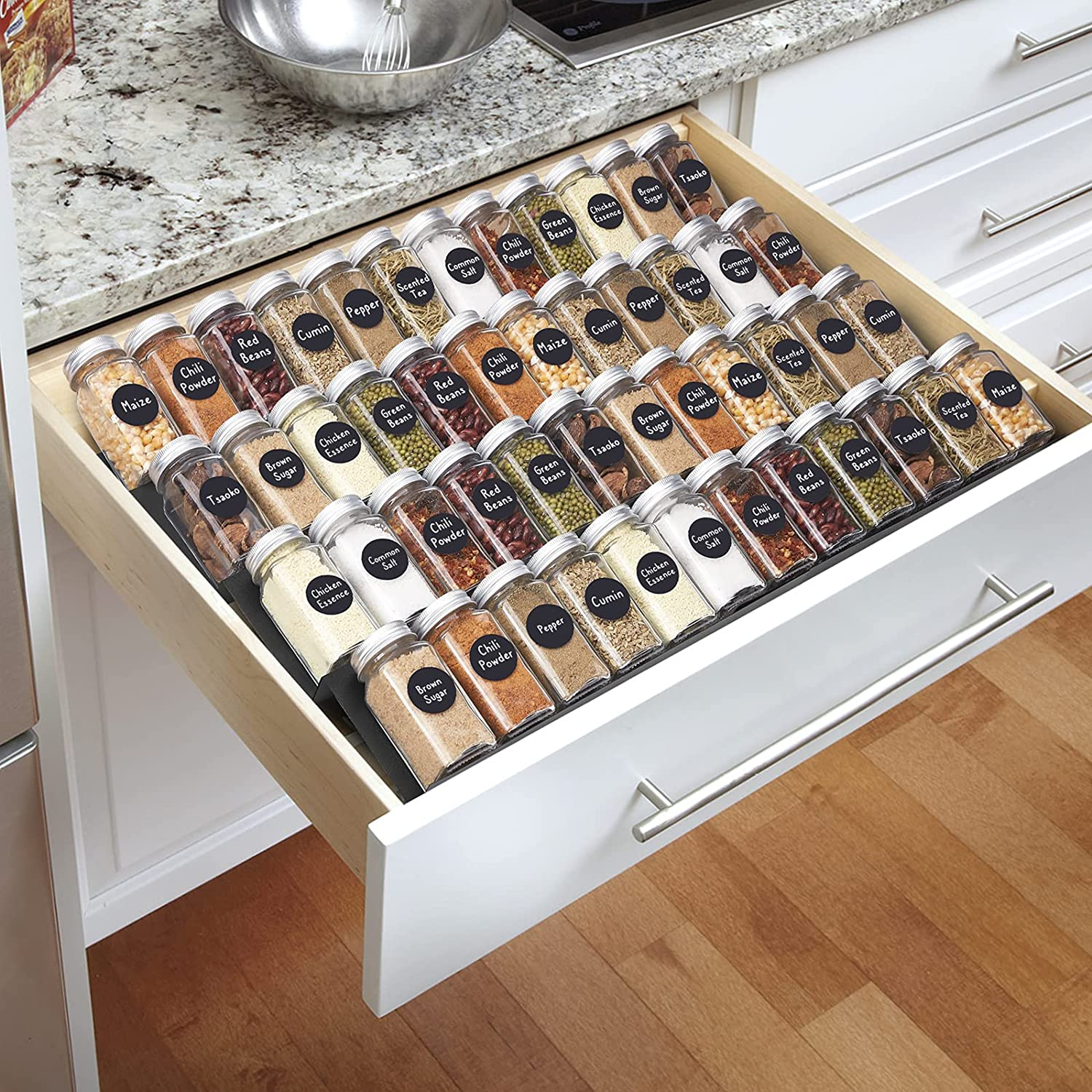 DEWVIE Spice Drawer Organizer, 4 Tier Stainless Steel Spice Rack Organizer Expandable from 13" to 26" for Cabinet Kitchen Seasoning Jars Drawers Insert (Jars Not Included)