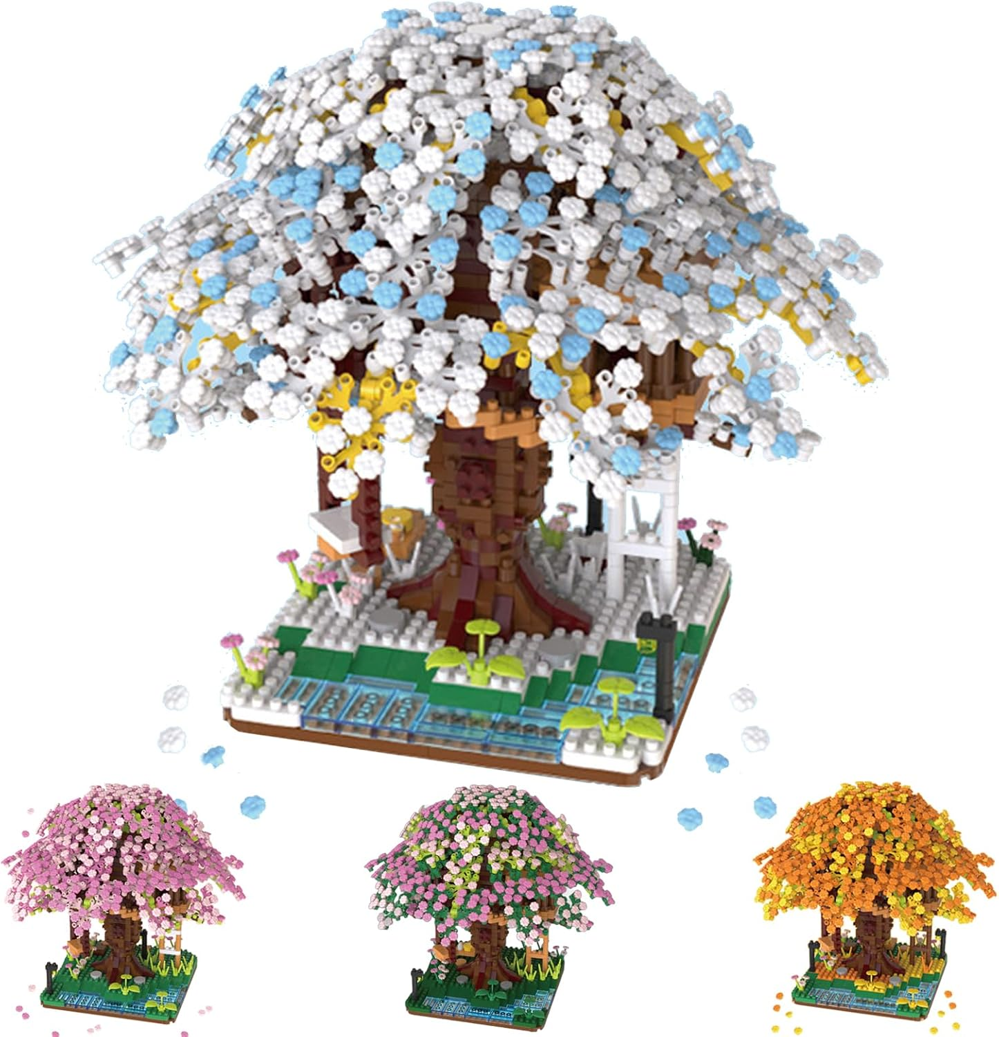 Famiredo Cherry Blossom Tree House Adult Artificial Flower Mini Block Set, Spring/Summer/Fall/Winter Beauty Plant Series, Bouquet Tree House Block Set, Suitable for Gift/Home Decoration (Winter)