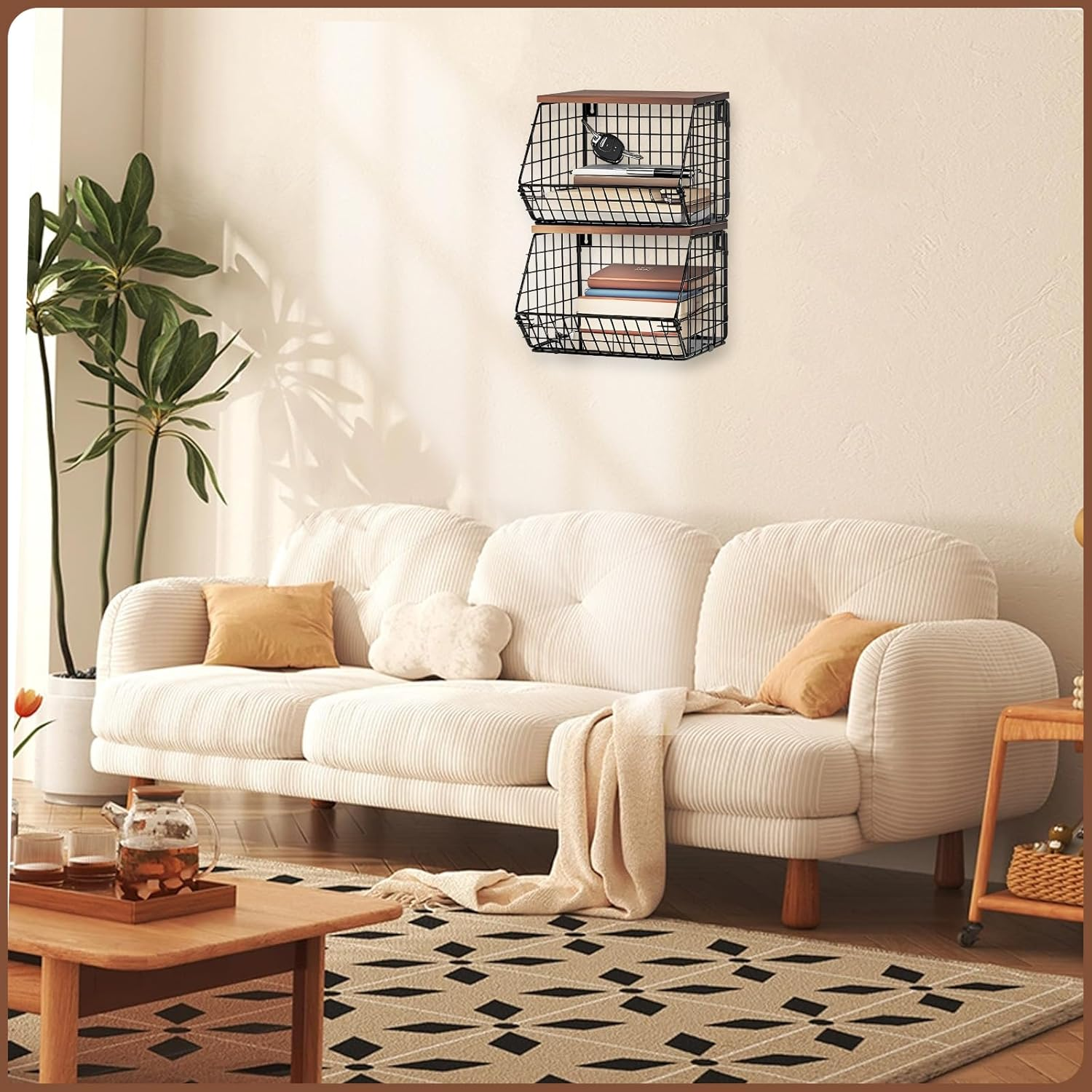 Dinhauyon Vegetable and Fruit Storage, Fruit Basket, Stackable Fruit Holder with Wooden Lid, Kitchen Countertop Rack, Wall Mounted Storage Baskets for Vegetables Fruit Bread Snacks