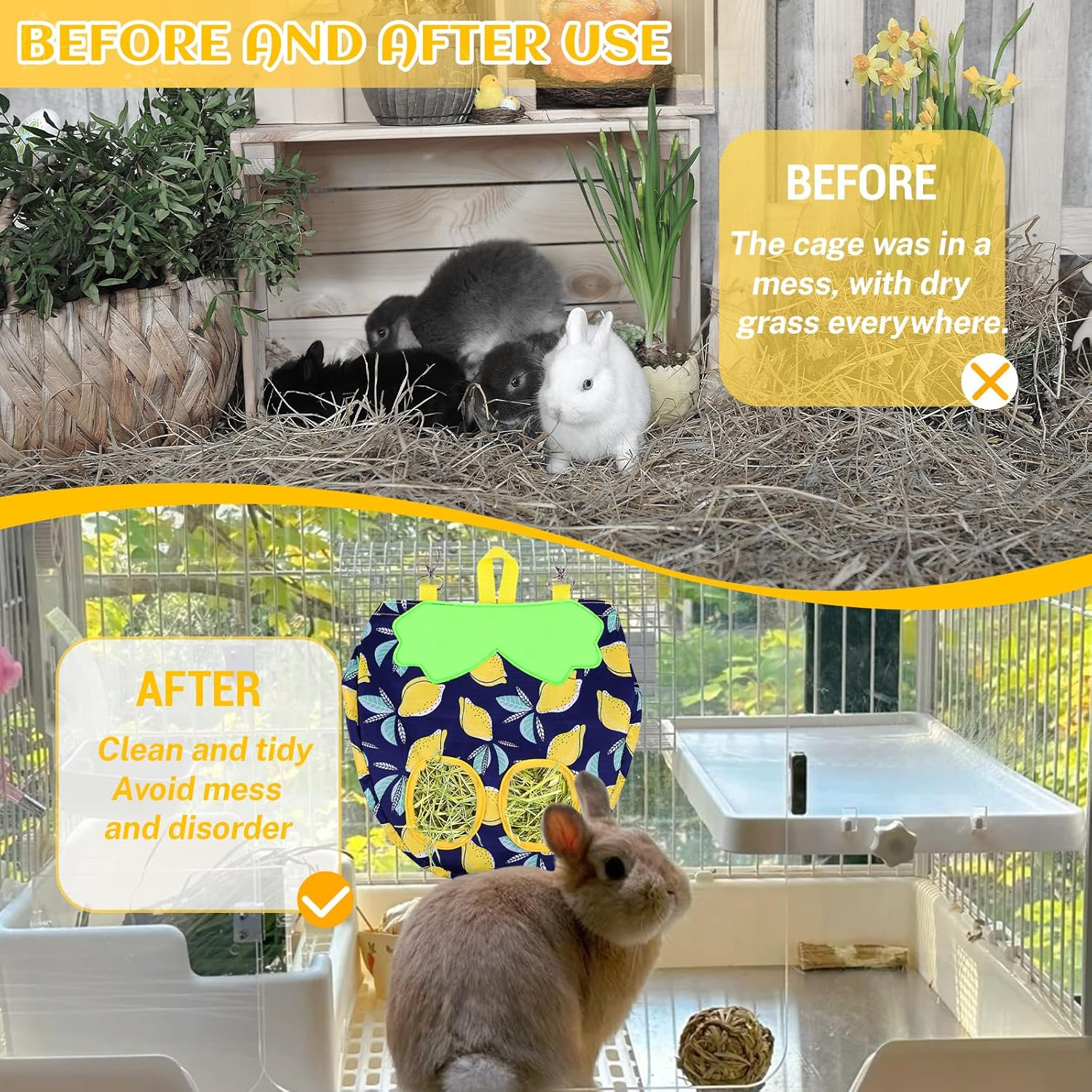 Hay Bag Guinea Pigs, Dellyy Rabbit Food Bag, Hay Bag, Guinea Pigs, Small Animal Feeder, for Rabbit, Chinchilla, Hamster, Small Animals, with 2 Windows (Blue, 2) image number 4