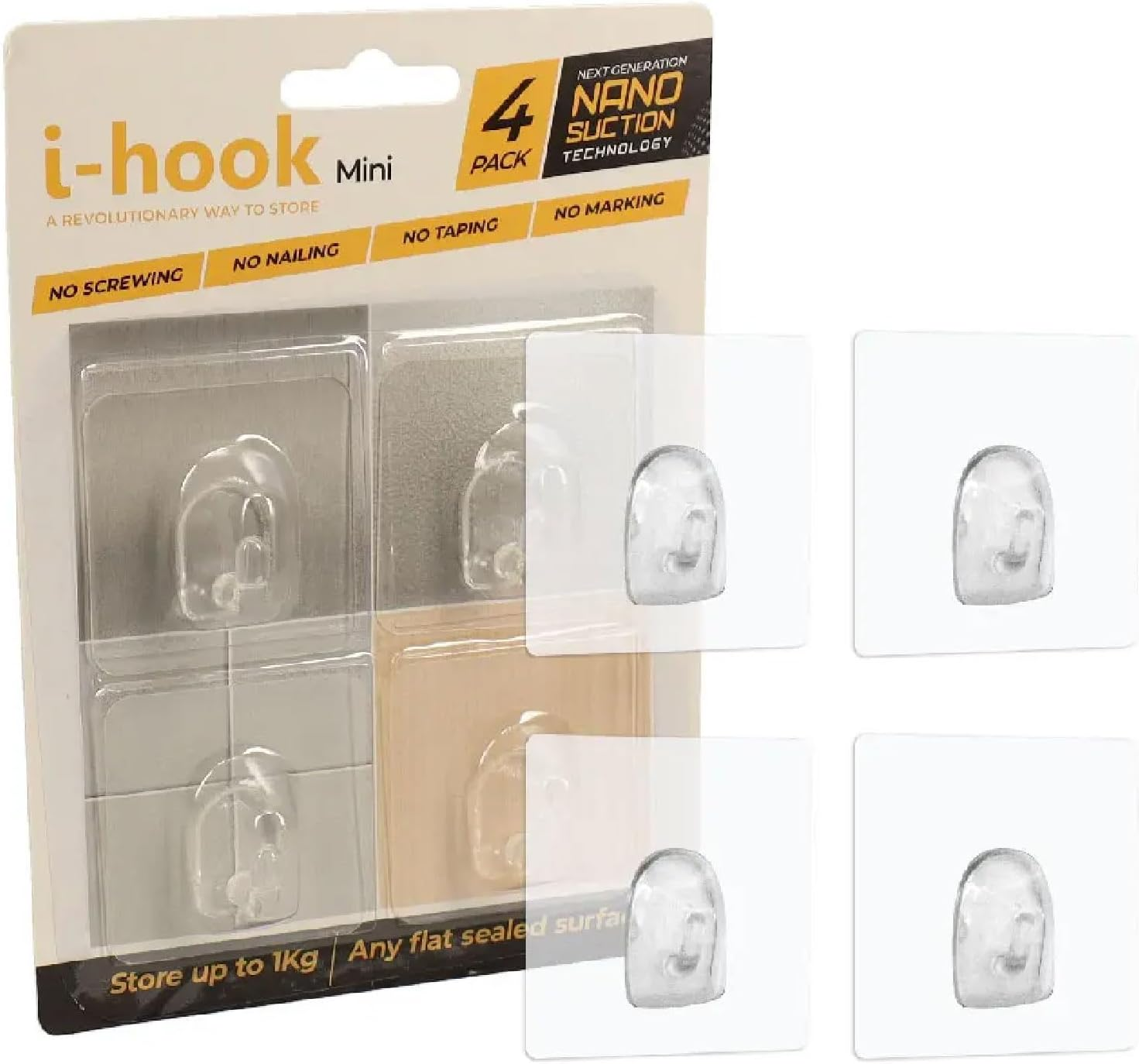 I-Hook Mini (4 Pack) &ndash; Nano Suction Technology, Reusable & Relocatable, Holds up to 2Kg, Heat & Water Resistant, Easy Installation, Ideal for Keys, Kitchen Utensils, and Small Items &ndash; 4.7 X 4.7 Cm image number 4