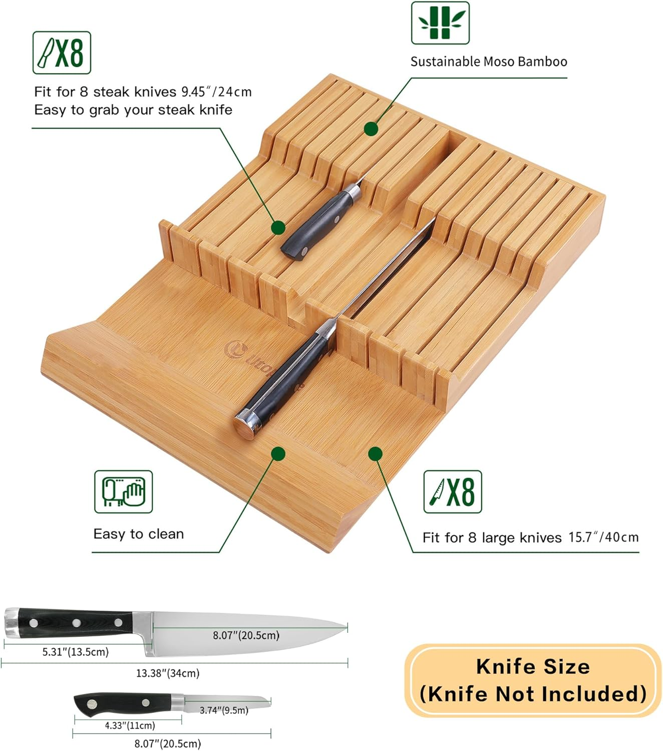Utoplike In-Drawer Knife Block Bamboo Kitchen Knife Drawer Organizer,Large Handle Steak Knife Holder without Knives, Fit for 16 Knives and 1 Sharpening Steel (16 Knife Organizer) image number 3