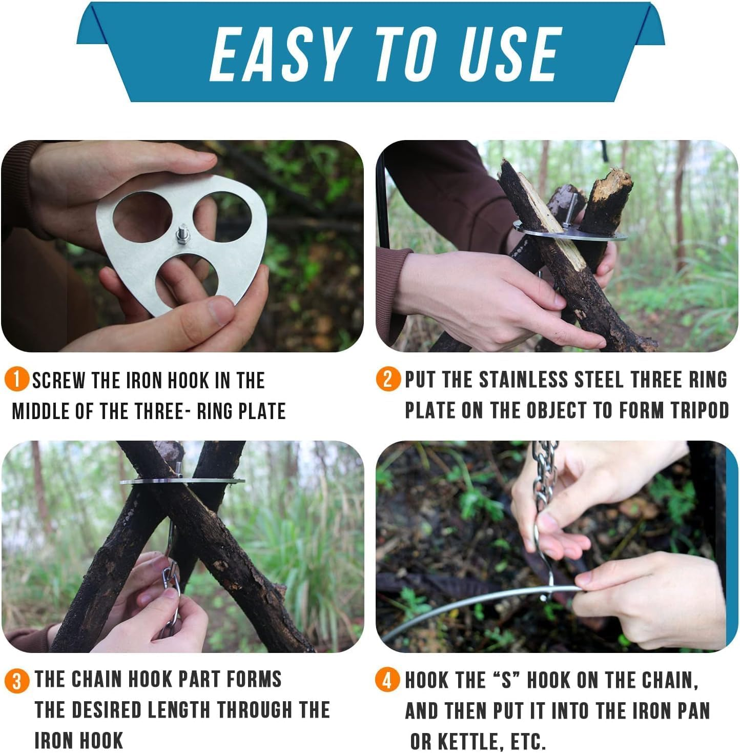 Camping Tripod for Cooking, Newest Survival Cooking Gear, Stainless Steel Cooking Tripod for Campfire, Campfire Cooking Accessories for Outdoor Cooking, Picnic, Hiking, Camping image number 5