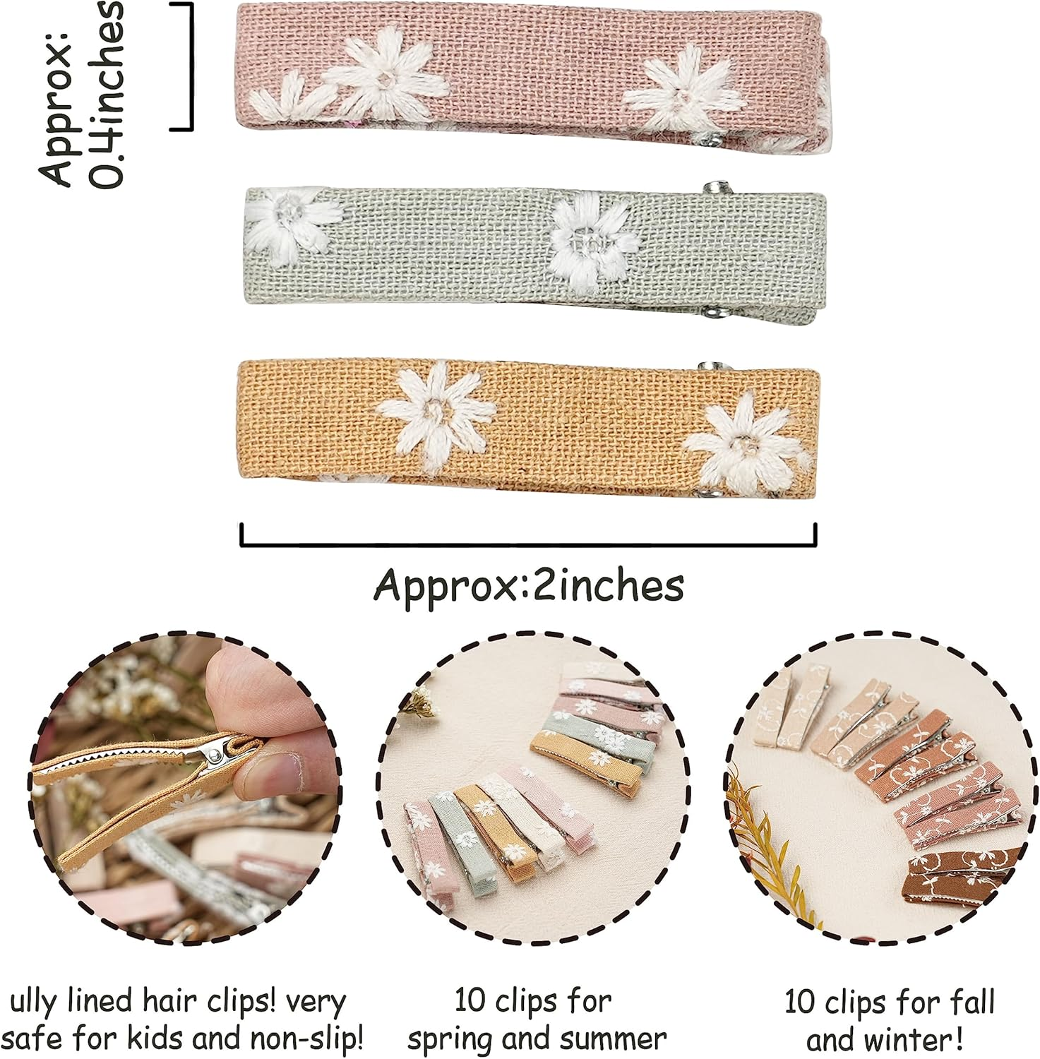 20Pcs Hair Clips for Women Girls Toddler Baby Bang,Fully Lined Alligator Barrettes with Linen Flower Embroidery,Handmade Hair Accessories for Kids Child Youth School Age Girls Thin Thick Hair - All Seasons image number 3