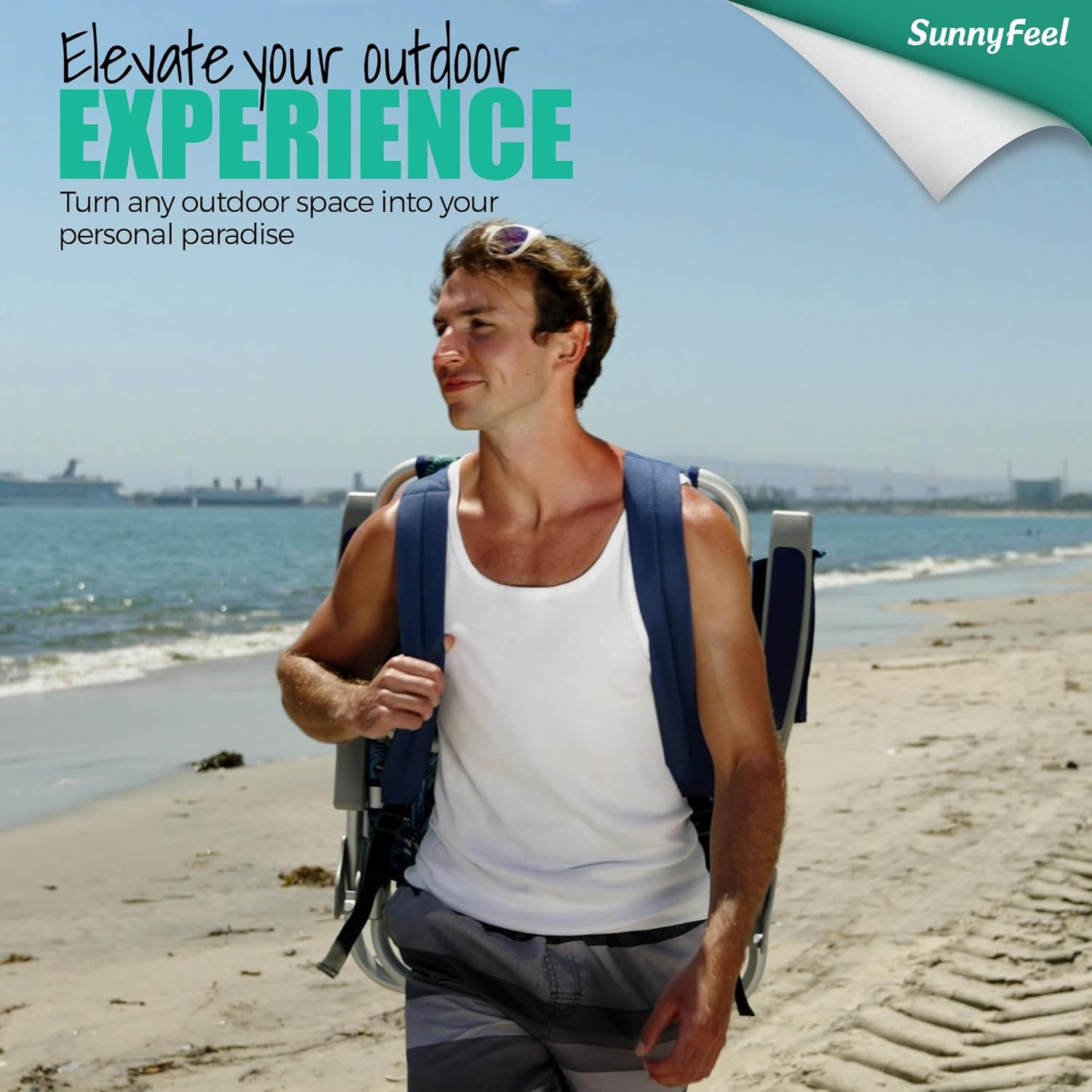 Sunnyfeel Reclining Beach Chair Outdoor Folding Lounge Chairs for Adults 5 Position Adjustable with Cooler Bag and Cushioned Neck Rest Backpack Straps, Blue image number 3