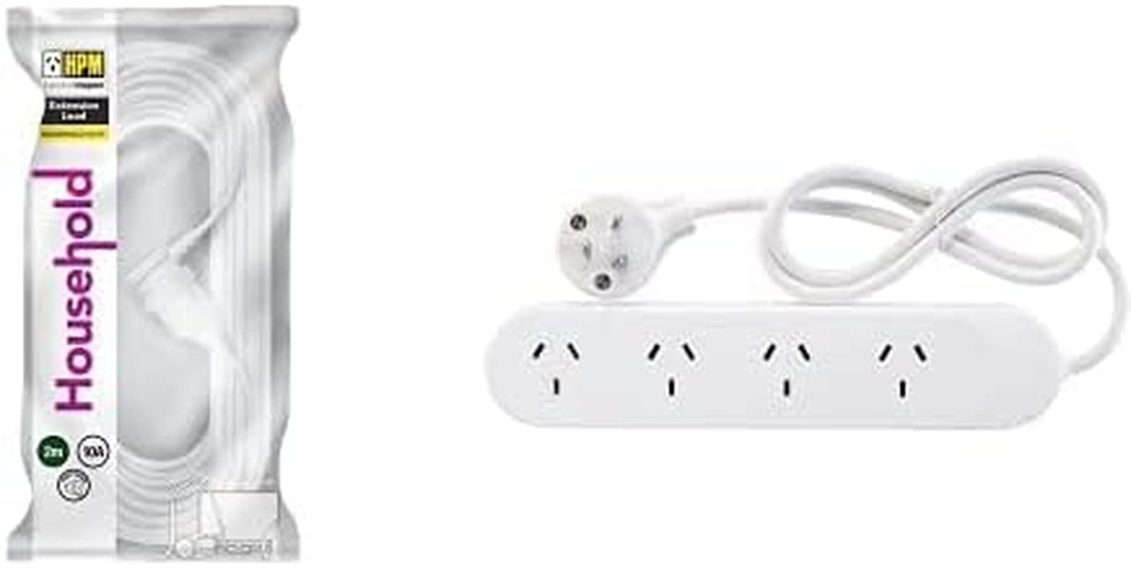 HPM Household Duty Piggy Back Extension Lead White 2M + Standard 4 Outlet Powerboard White