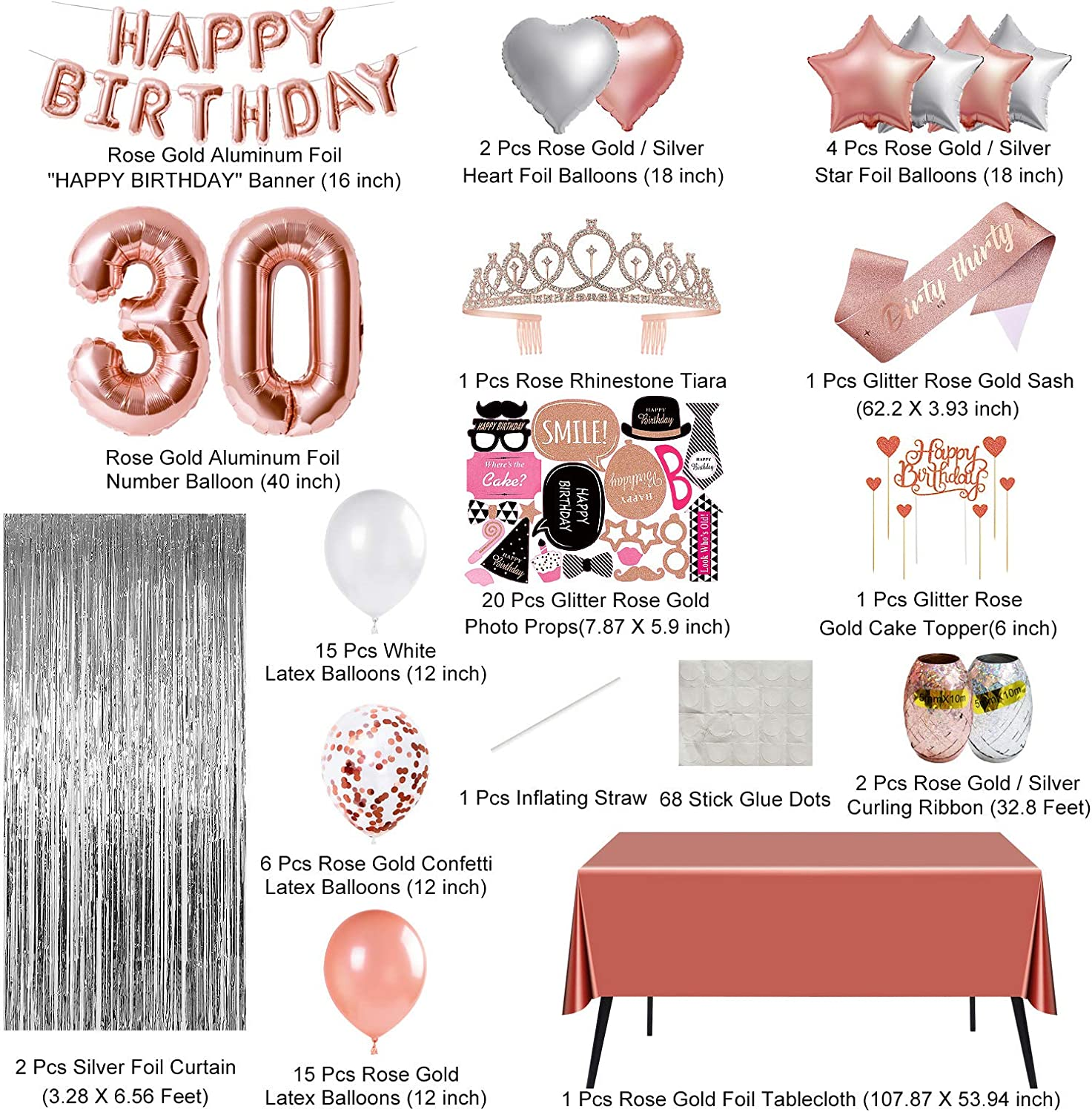 Rose Gold 30Th Birthday Party Decorations for Women, Supplies Including Happy Balloons, Fringe Curtain, Tablecloth, Photo Props, Foil Balloons, Sash and Tiara image number 5