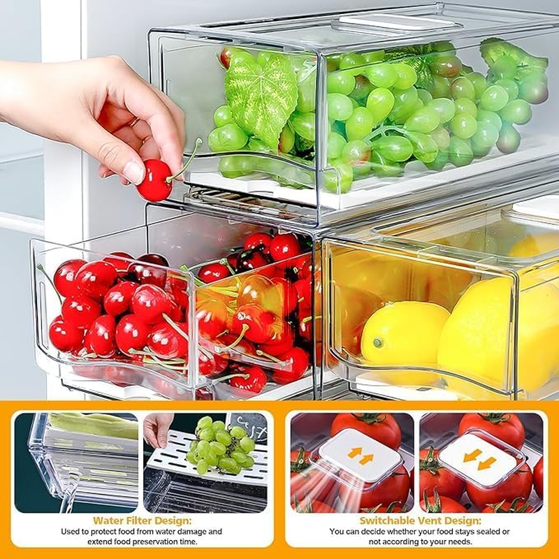 2 Pack 30X14X11Cm Clear Large Fridge Organizer Bins with Pull Out Drawer & Drain Tray, Stackable Fridge Freezer Organizers, Sealed Kitchen Food Container Storage Box for Food Fruit Vegetable Drinks image number 2
