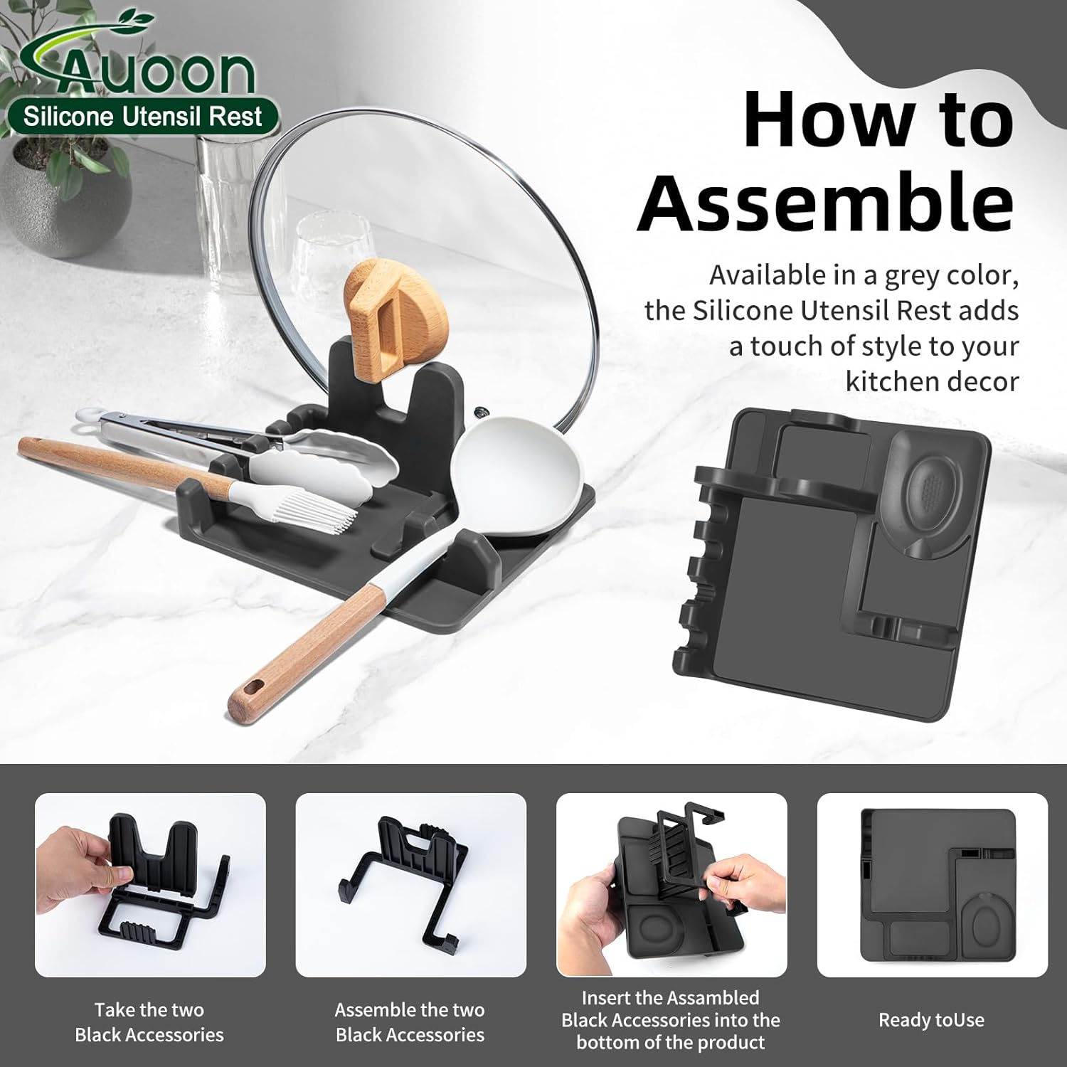 AUOON Spoon Rest for Stove Top - Silicone Utensil Rest with Drip Pad for Kitchen Counter | Practical Kitchen Gadgets for Cooking | Dishwasher Safe (Grey, Large) - Fog Blue image number 6