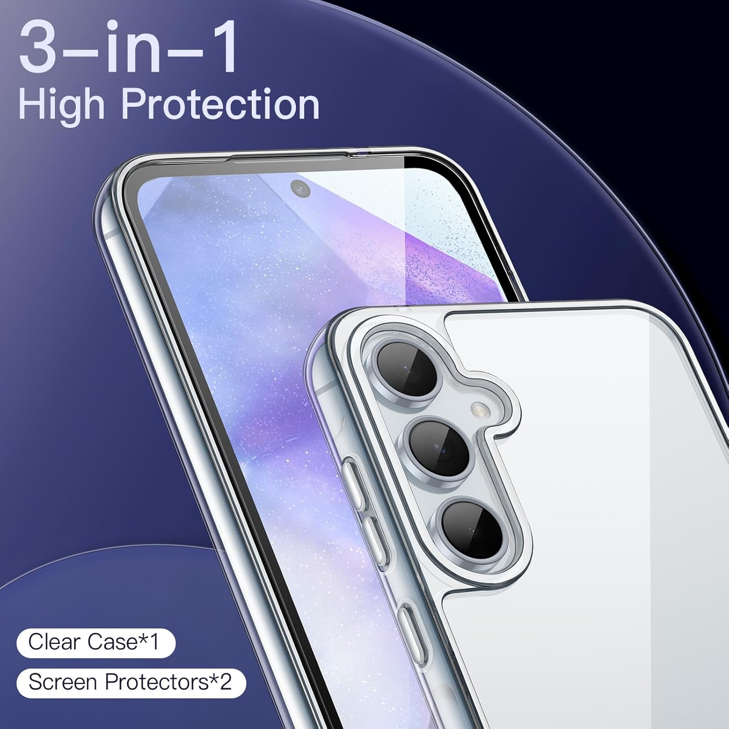 Jetech 3 in 1 Case for Samsung Galaxy A55 5G, with 2-Pack Screen Protector, Tempered Glass Film, Shockproof Bumper Phone Protective Cover Clear Back (Clear)