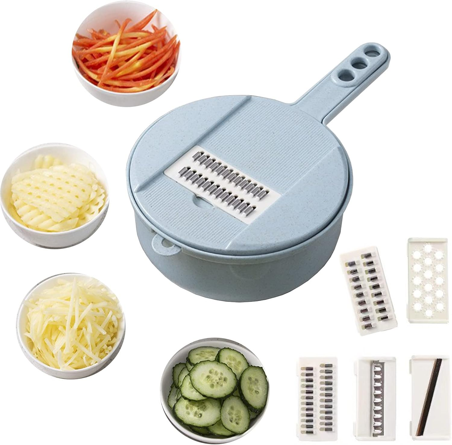 Vegetable Cutter Onion Vegetable Potato Cheese Food Mandolin Hand Cutter Dicer Cutter with Container 5 Blades Adjustable Blue image number 5