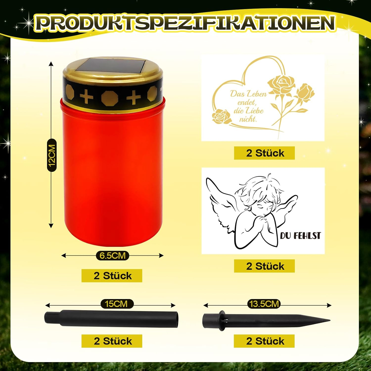 JUNUNDJING 2 Solar LED Grave Lights Funeral Candles with 4 Stickers (2 Types of Motif), Grave Light Solar LED Cemetery Candles IP55 Weatherproof with 2 Ground Spikes 2 Extensions and Twilight Sensor