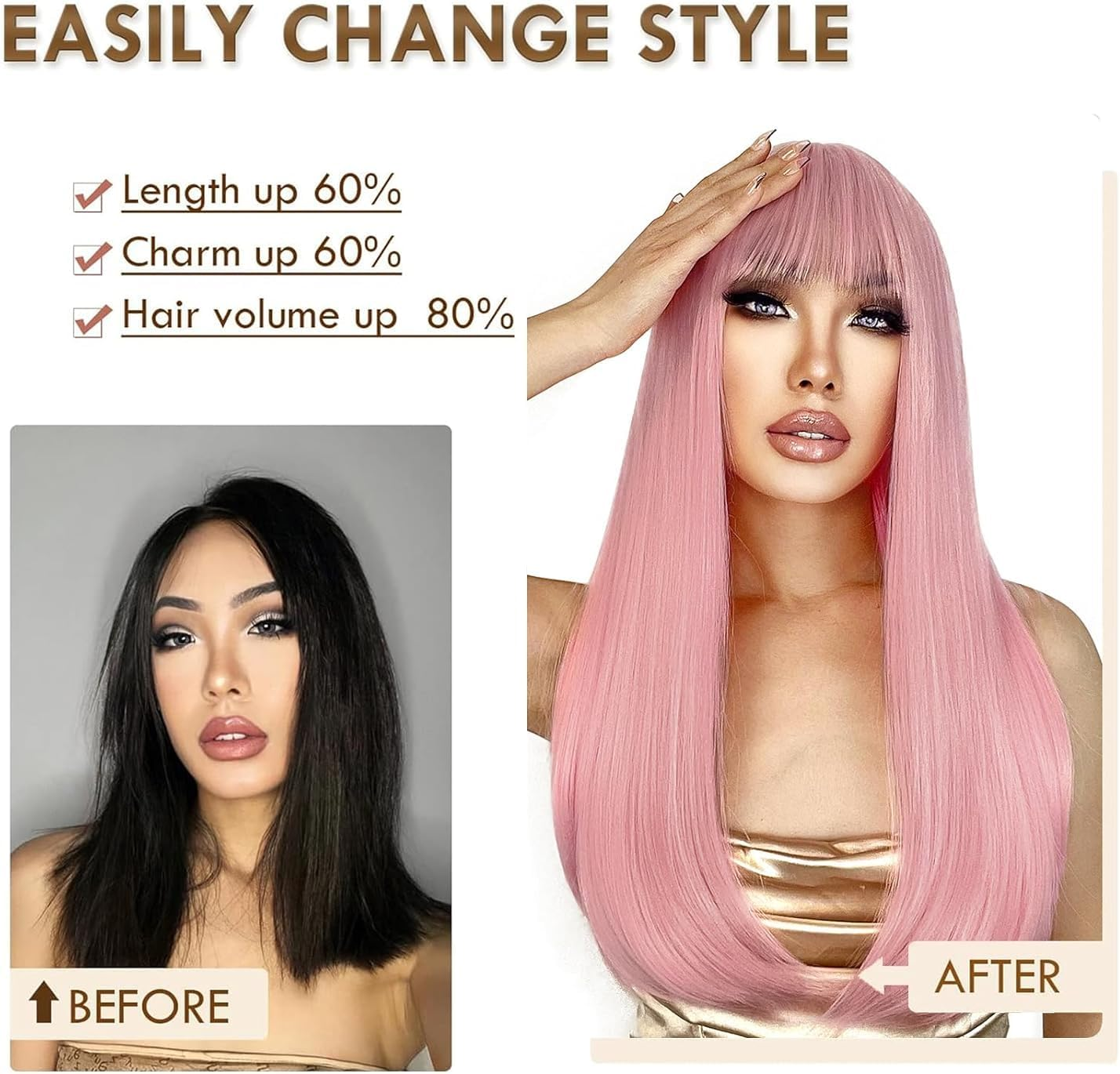 QAUARUMSUN Long Pink Straight Wig with Bangs Light 26 Inch Pink Wigs for Women Pastel Wig for Grils Charming Syntheticcosplay Wig for Party Halloween Daily image number 3