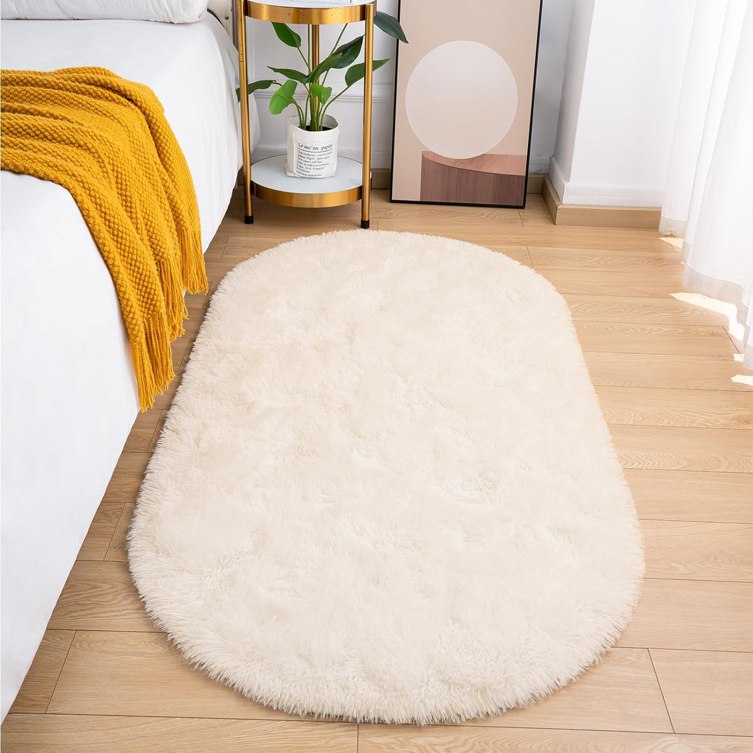 Oval Shaggy Bedroom Rug 2.6 X 5.2 Feet Fluffy Area Rugs for Girls Boys Kids Room Nursery Floor Carpet Home Decoration, Cream image number 3