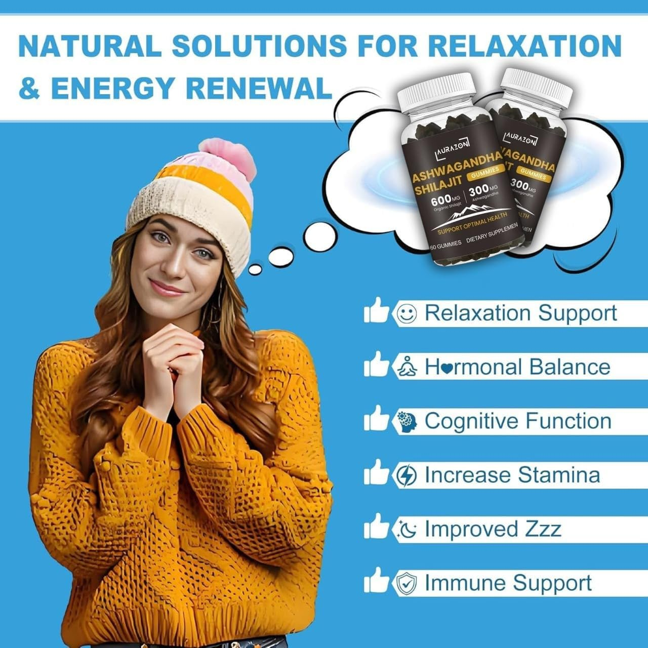 Aurazon Pure Himalayan Shilajit Ashwagandha High Strength Gummies Relax,Restore & Mixed Vegan, Plant Based, Non-Gmo, Gluten-Free & Gelatin,One Month Supply for Both Men and Women