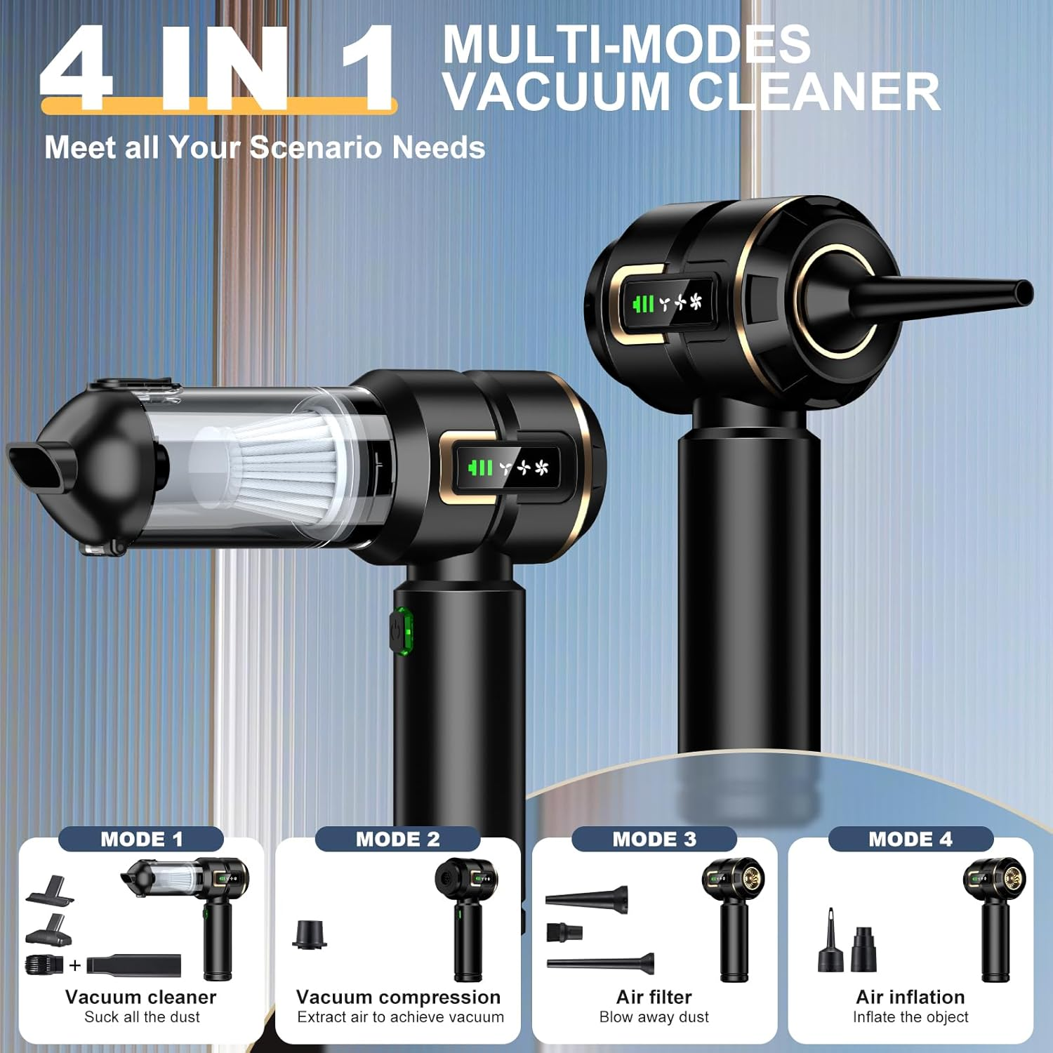 Car Vacuum Cleaner 4-In-1 with LCD Display, 25000PA High Power Mini Vacuum Cleaner, Rechargeable Handheld Vacuum, Car Hoovers, Portable Cordless Compressed Air Duster Air Blower for Car, Home,Office