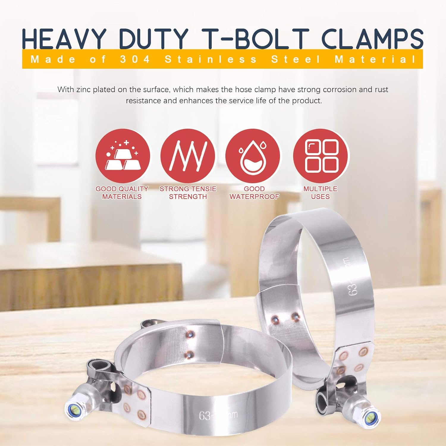 Hilitchi 5Pcs Stainless Steel T-Bolt Clamps with Rounded Band Edges Heavy Duty Turbo Intake Intercooler Clamp (63-71MM) for 2 1/4 Inch image number 1