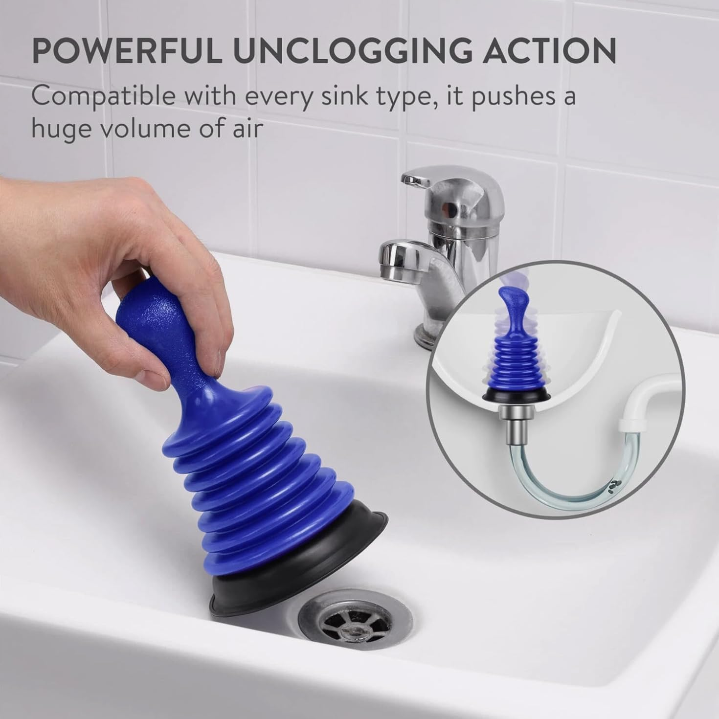 Mini Drain Plunger, Small Sink Plunger for Kitchen and Bathroom Drains, Clog Remover with Handle, Bellows Plunger to Unclog Sink Drain, Universal Fit DIY Bathroom Sink Accessory (Blue) image number 2