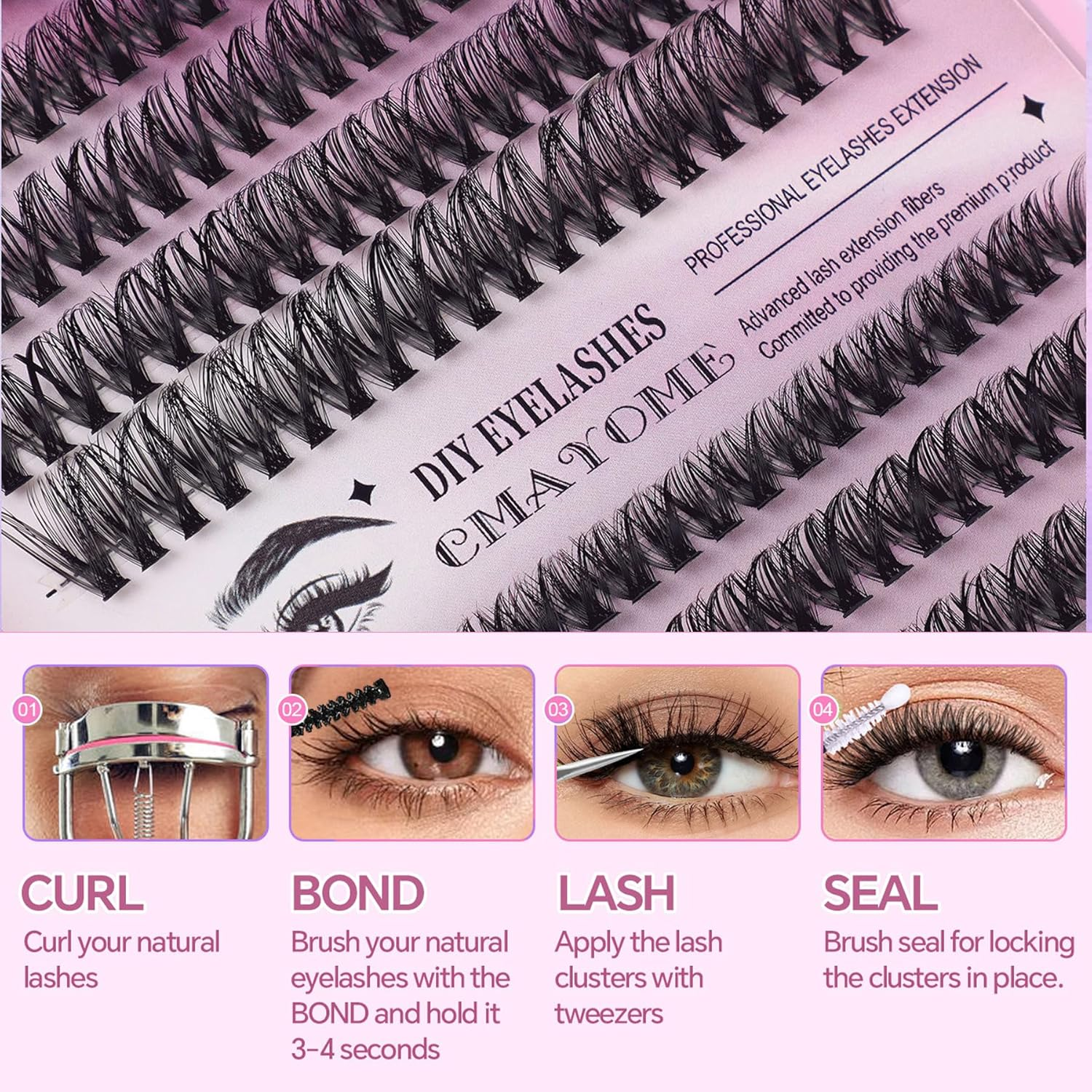 Lash Extension Kit- 480Pcs DIY Clusters D Curl Eyelashes 10-16Mm Individual Lashes 50D 60D 80D 100D with Lash Bond and Seal, Tweezer & Brush, Natural Look, Easy At-Home Application