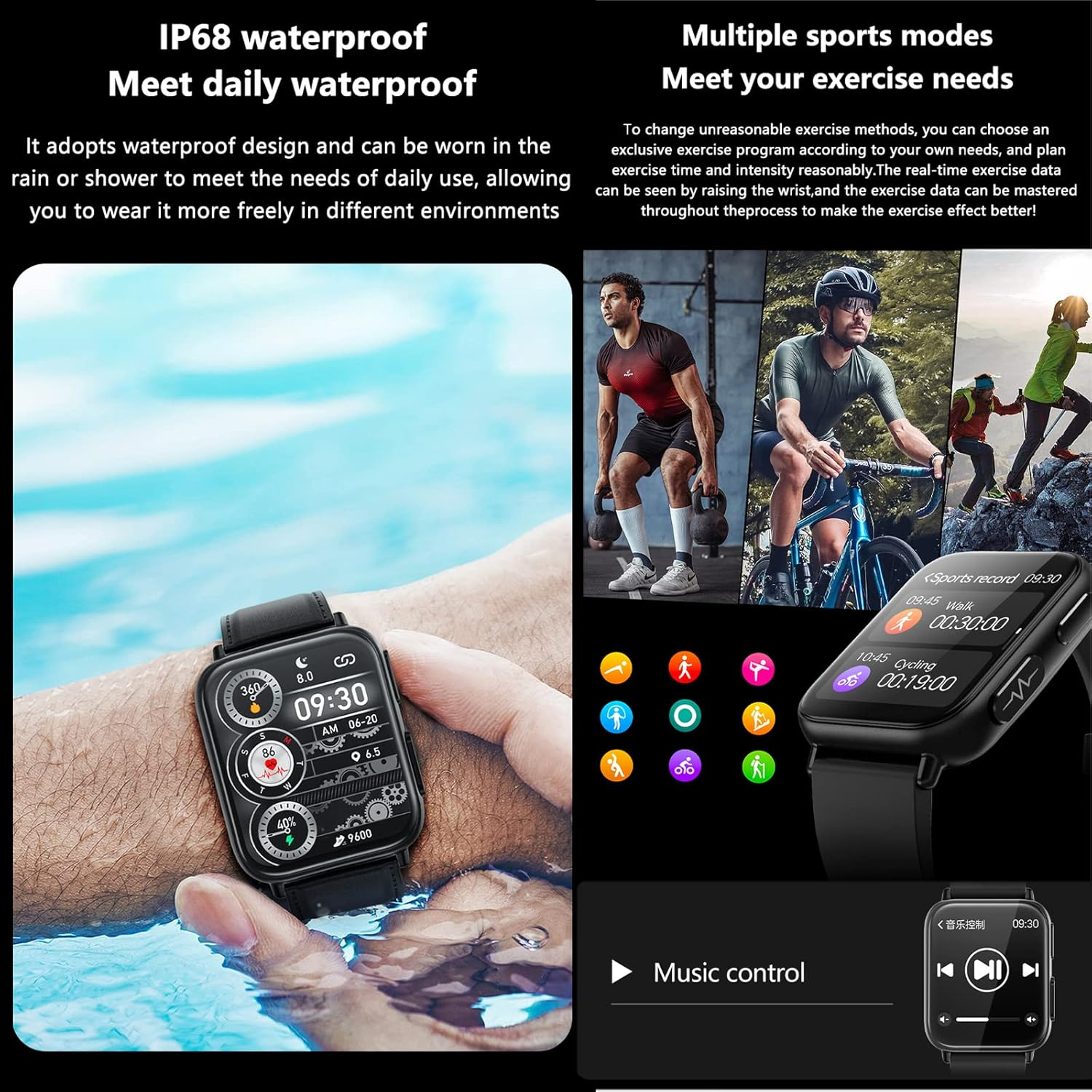 Blood Glucose Sugar Smart Watch, Fitness Trackers for Women Men, ECG Heart Rate Blood Oxygen Pressure and Activity Tracker Sleep Monitor, 9 Sports Modes Ip68 Waterproof Smartwatch,Black