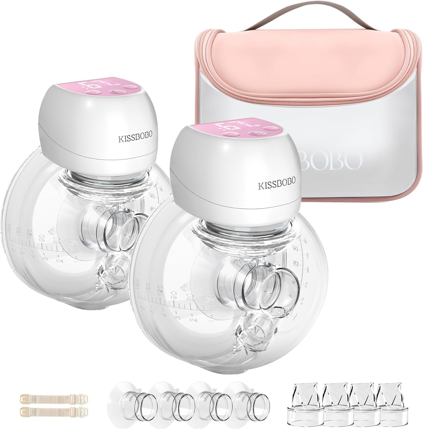 KISSBOBO ABP-1508 Hands Free Breast Pump Wearable with Storage Bag, Wearable Breastfeeding Pump Strong Suction, Low Noise, 3 Modes 9 Levels, with 21/24Mm Insert/Flange, 2 Pack (Pink) image number 1