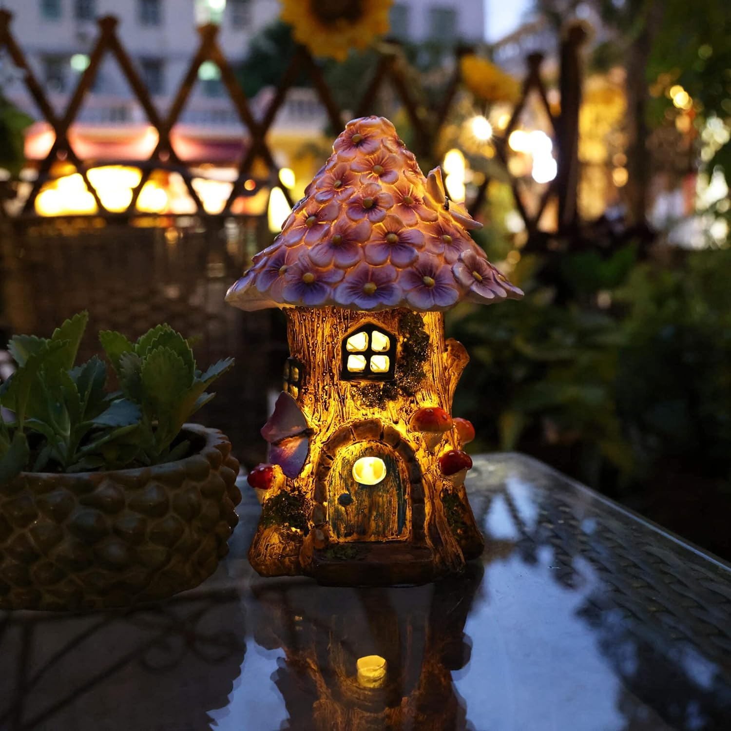 Annastore Fairy Garden House Solar Outdoor Statue, Light up Mushroom Figurines Fairy Lawn Decorations for Yard, Fairies for Miniature Houses for Outside, Resin DIY Fairy Garden Kits Accessories image number 3