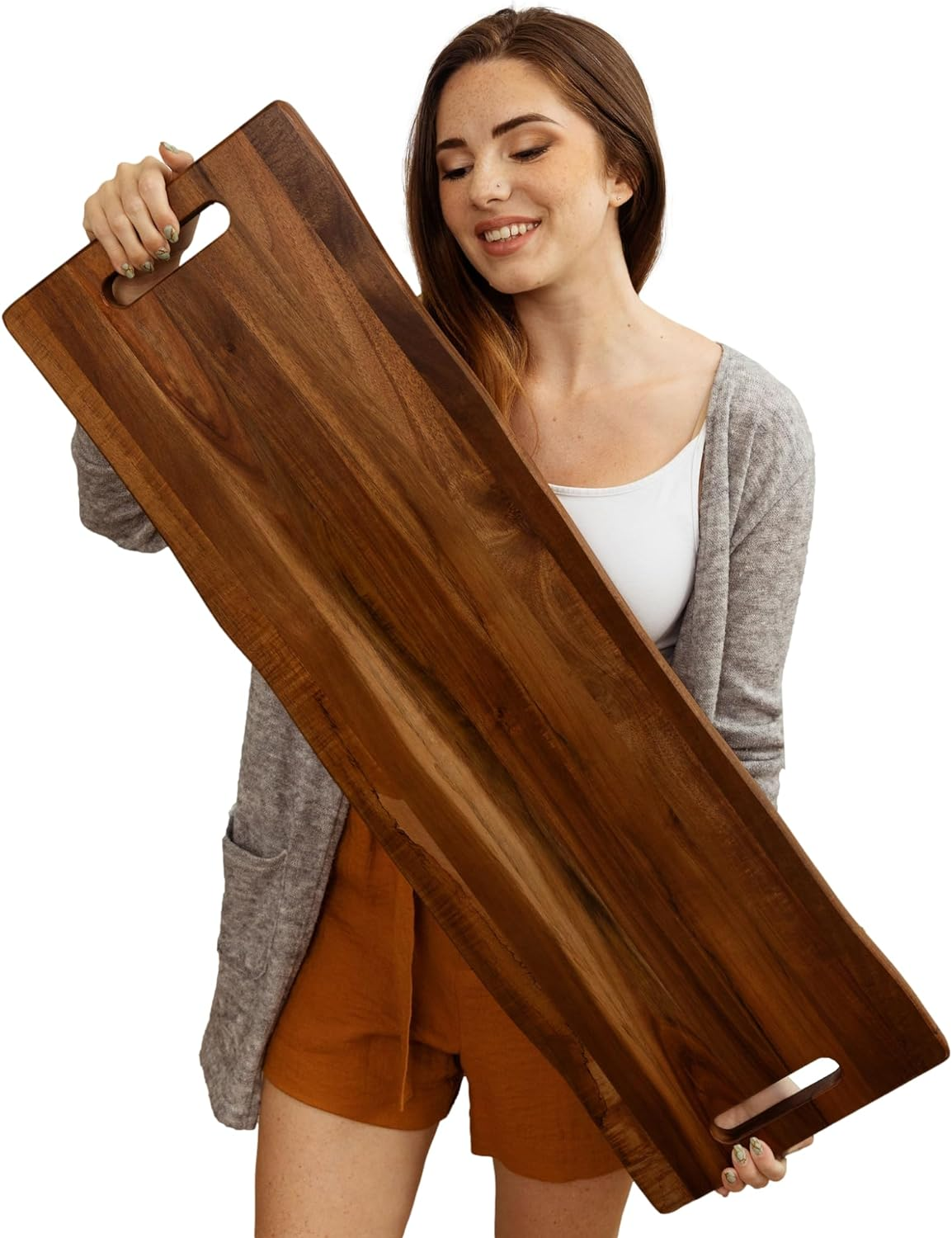 Large Acacia Serving Board with Handles, 36 X 12 Inch Rectangular Charcuterie Platter, Natural Wood Server for Meat, Cheese Board, and Party Appetizers, Extra Long 3Ft, Light