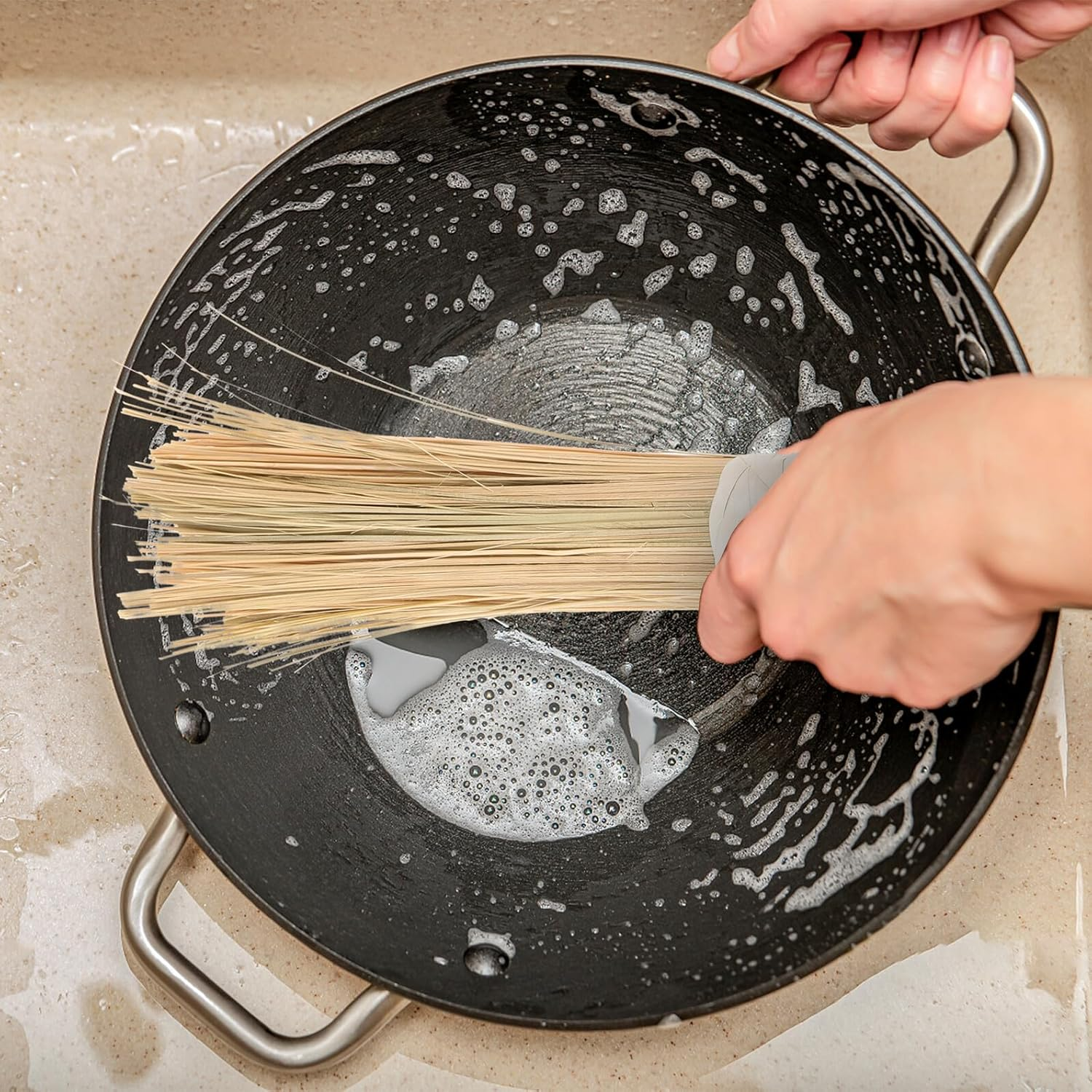 WEKADRIN 2Pcs Bamboo Wok Brush Cleaning Scrubbers with Comfortable Non-Slip Handle for Heavy-Duty Kitchen Use Non-Stick Cookware and Dishes image number 4