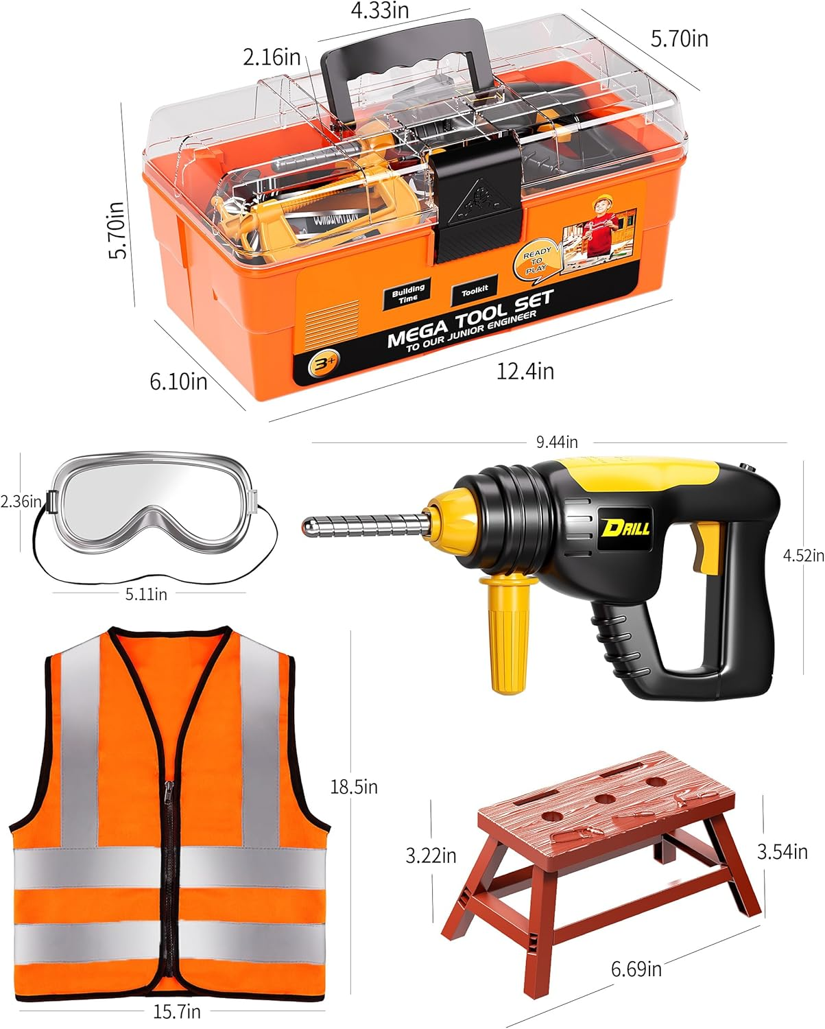 Deejoy Tool Set with Tool Box & Electronic Toy Drill, Pretend Play Kids Construction Kits for Kids Ages 3-5 Years Old, Toddler Boy Toys(Orange) image number 6
