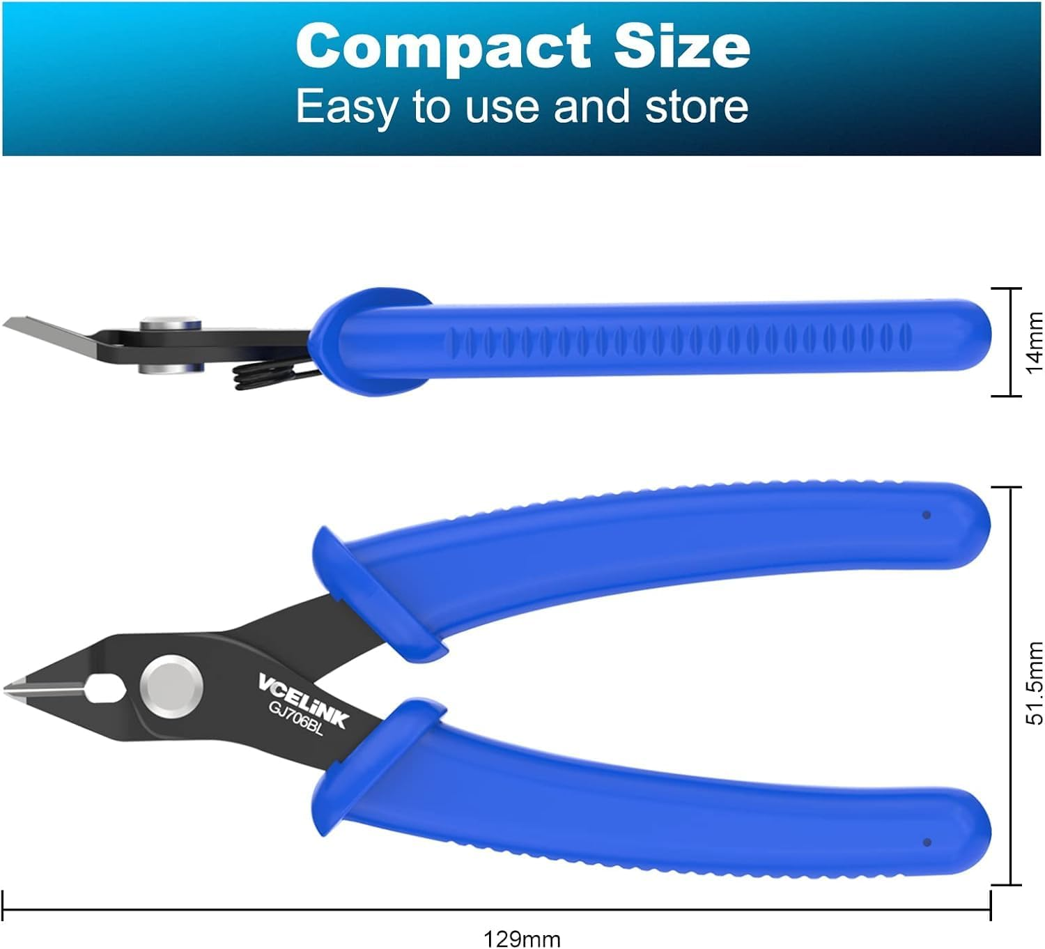 VCELINK Small Wire Cutter Spring-Loaded GJ706BL, Precision Flush Cutter Pliers Diagonal Cutters for Electronics, Jewelry Making, Model Craft and 3D Printer, 5-Inch image number 1