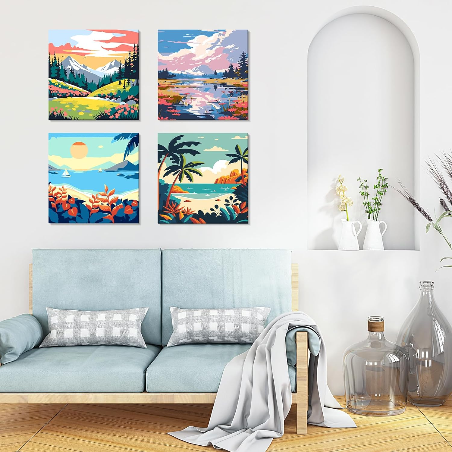 NAIMOER Framed Paint by Numbers, 4Pack Scenery Paint by Numbers Canvas for Kids Adults, Kids' Paint by Number Kits, DIY Acrylic Landscape Oil Painting with Wooden Easel (8X8Inch) image number 4