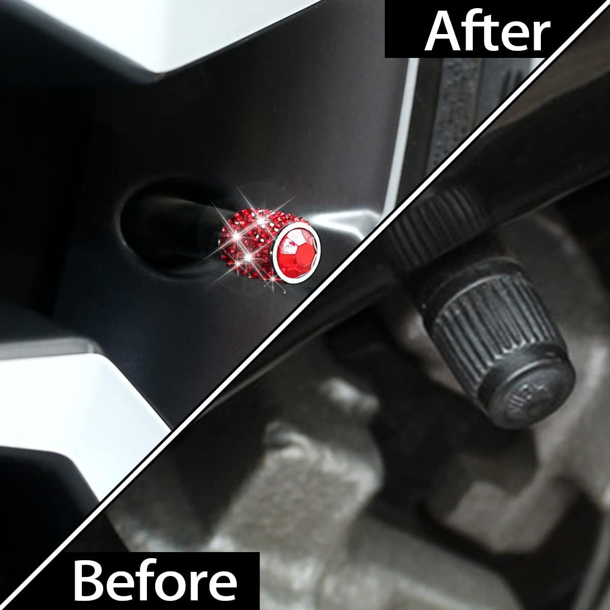 Zipelo Bling Valve Stem Caps, 4 Pack Crystal Rhinestone Car Tire Valve Covers, Dustproof Stem Cap for Auto Wheel, Sparkling Tire Air Valves Cover, Universal for Most Vehicles (Red) - Black image number 6