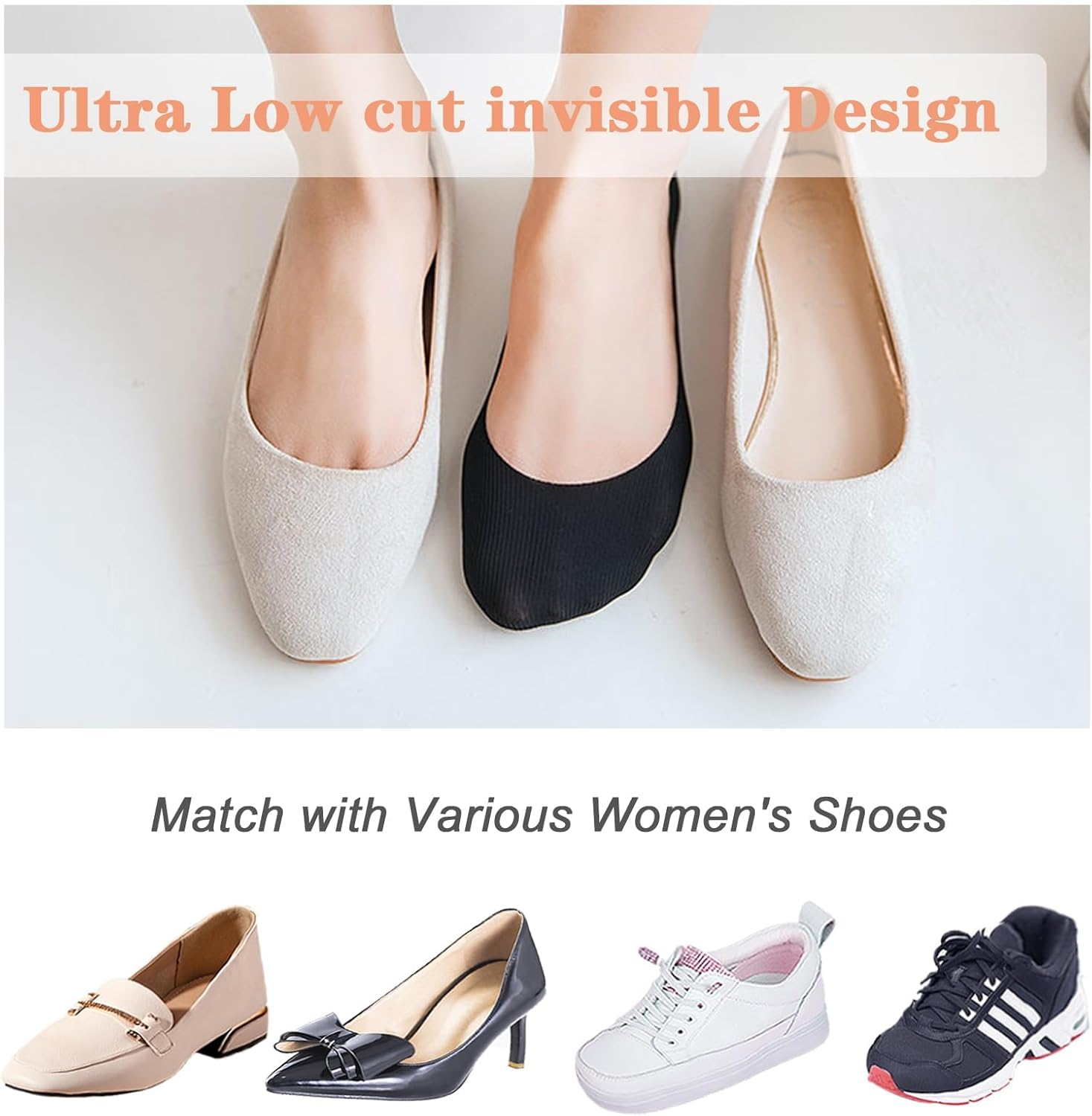 No Show Socks Women for Flats 4 Pairs Non Slip Ultra Low Cut Liner Summer Invisible Fit Shoe Size 5-9.5,Hidden Thin Socks image number 2