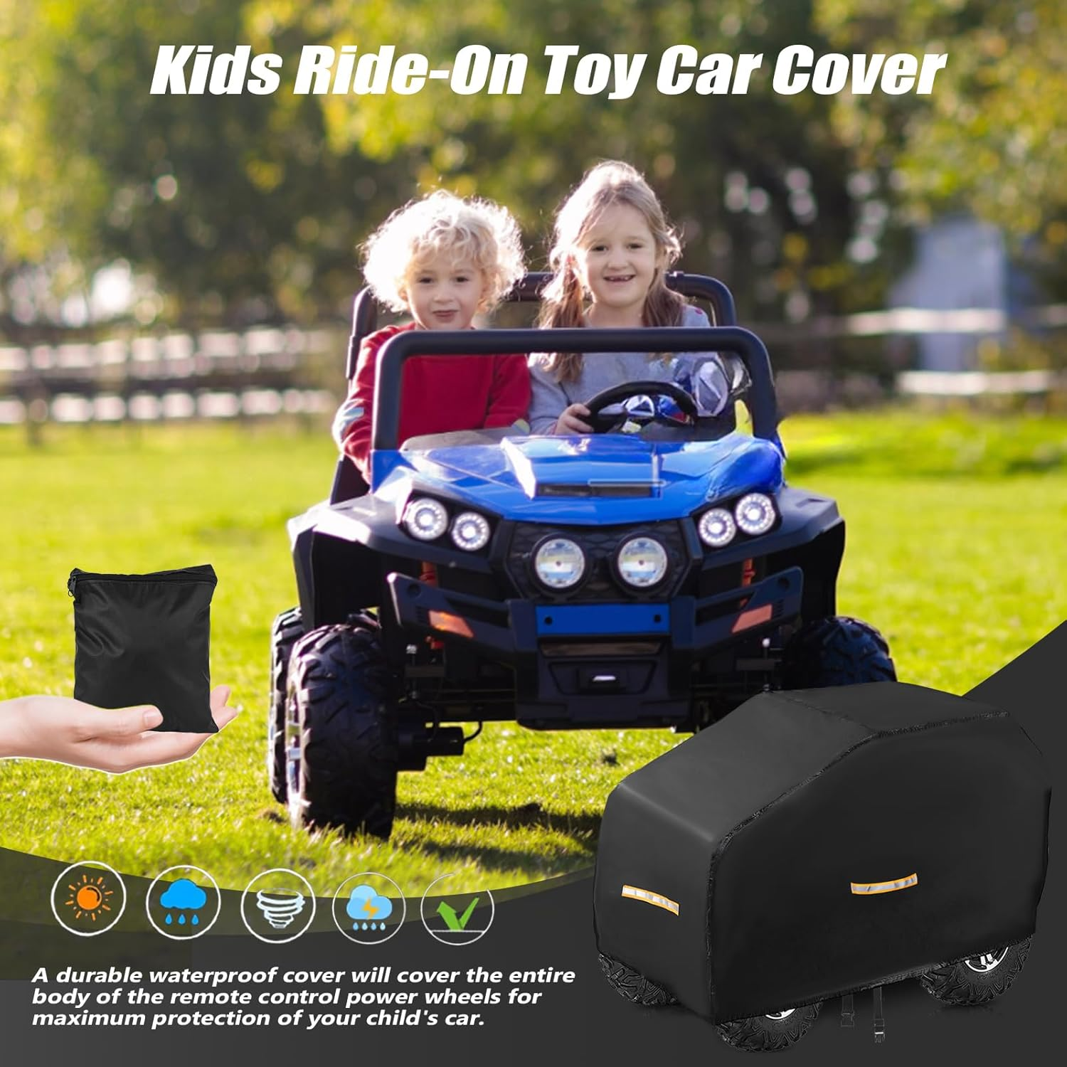 Large Kids Car Cover，Upgraded Power Wheels Covers Waterproof All Weather，Heavy Duty Kids Ride-On Car Cover with Nano Coating,Windproof Buckle and 3 Reflective Strips,Universal Kid Ride-On Accessories image number 1