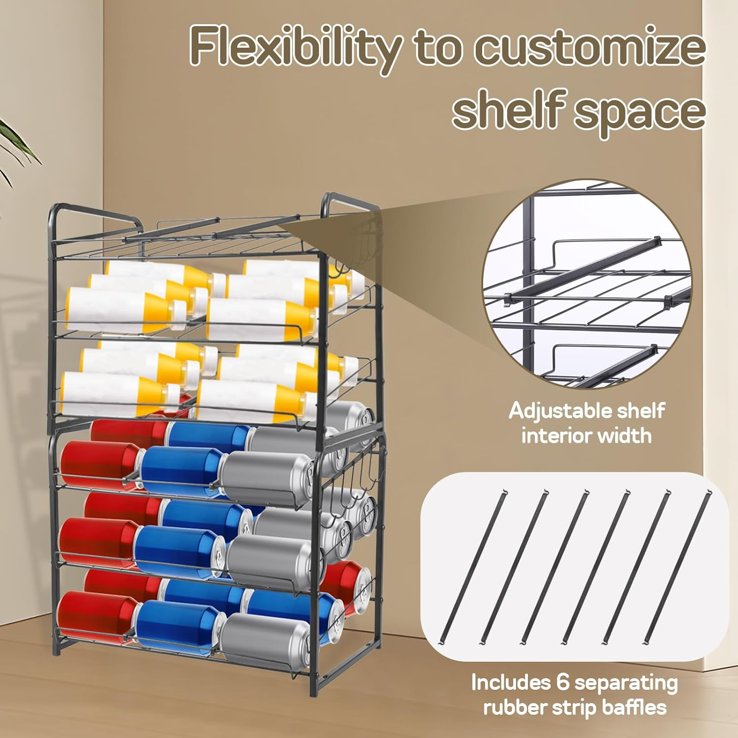 3 Tier Can Rack Organizer with Hook Stackable Tilted Can Storage Holder Carbon Steel Cabinet Organizer Adjustable Width Pantry Organiser Kitchen Storage and Organisation for Small Pantry Countertop image number 2