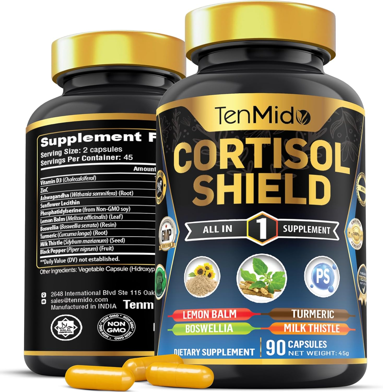 Cortisol Shield Supplement - 10In1 with Zinc, Vitd3, Ashwagandha, Sunflower Lecithin, Phosphatidylserine, Lemon Balm, Boswellia & More - 90 Vegan & Non-Gmo Capsules image number 5