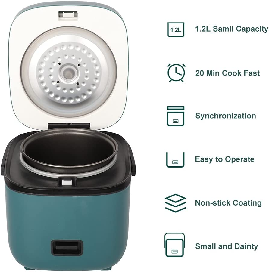 Electric 1.2L Mini Rice Cooker with Removable Nonstick Pot Steaming Dish Rice Spoon and Measuring Cup Keep Warm Function Kitchen Appliances for 1-3 Person, Cooking Soup, Rice, Stews & Oatmea (Green) - Green image number 5