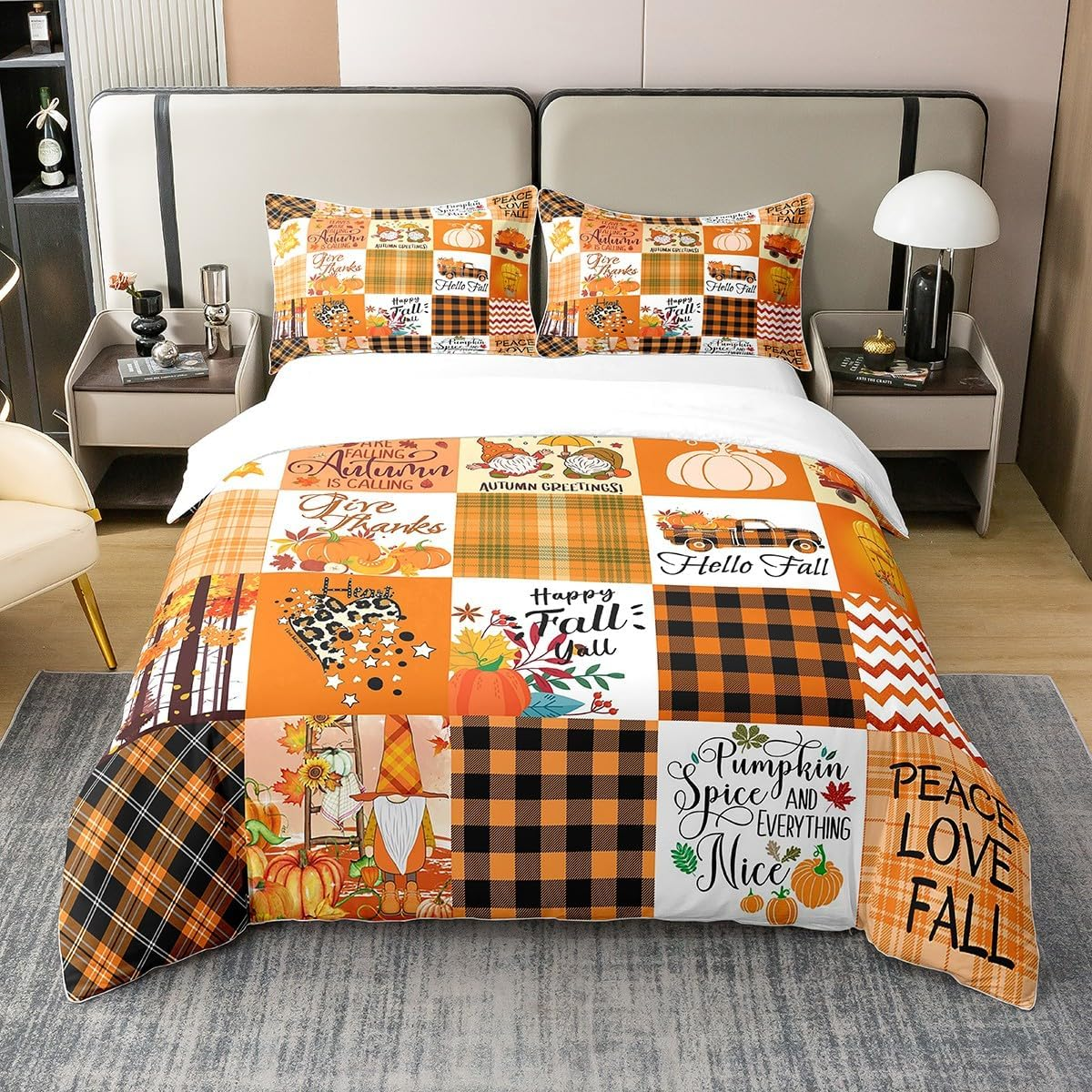 100% Cotton Autumn Greetings Bed Linen Set 200 X 200, Happy Fall Y'All Duvet Cover, Gnome Pumpkin Flowers Comforter Cover for Thanksgiving, Yellow Black Plaid Check Bed Sets with 2 Pillowcases Home
