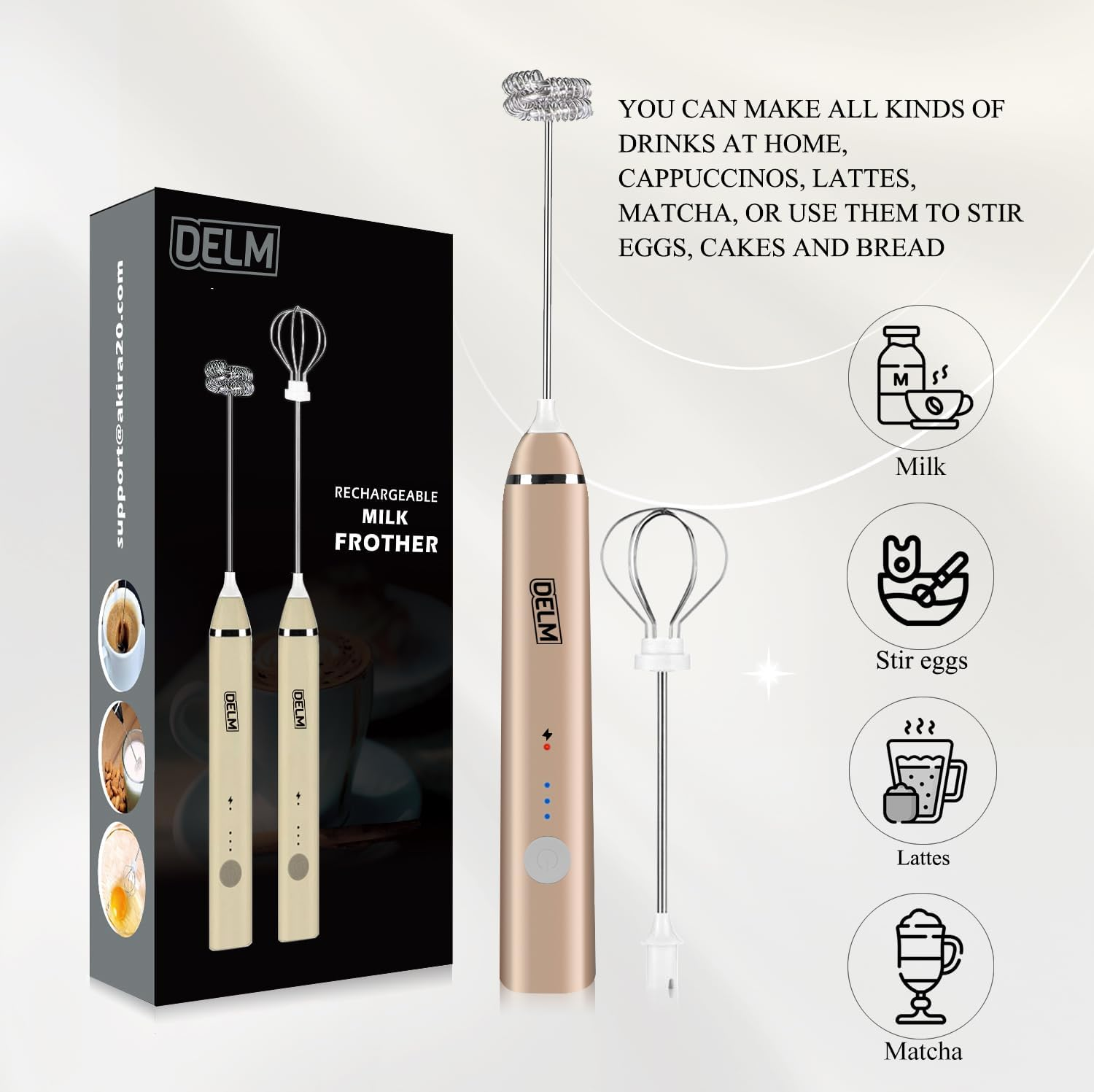 DELM Rechargeable Milk Frother Handheld Foam Maker with Stainless Whisk for Cappuccino, Latte, Bulletproof Coffee, Keto Diet, Protein Powder, Matcha (Beige) image number 2