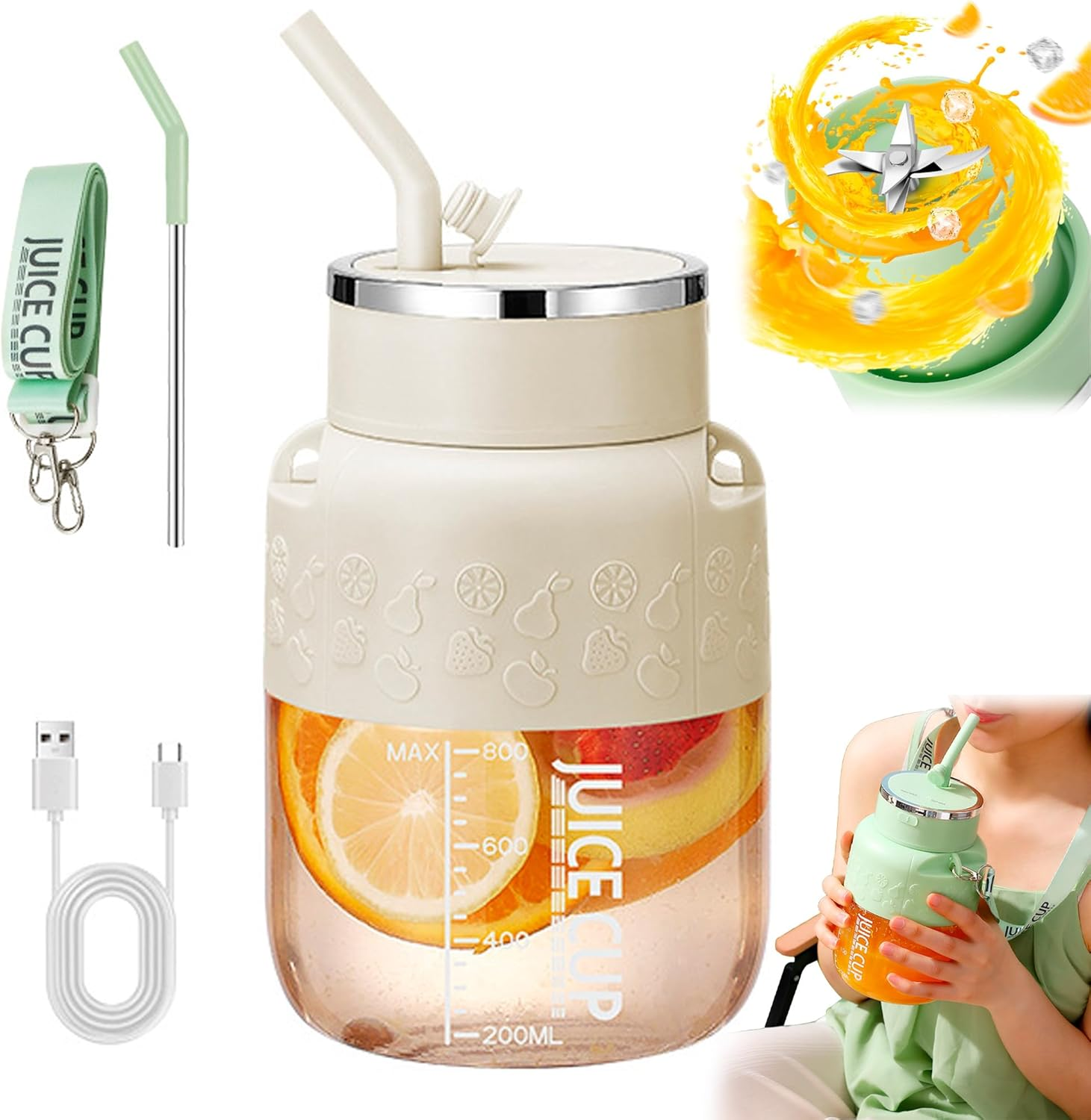 Depehelp Portable Blender and Juicer 2-In-1, 800W Electric Blender Cup with Straw, USB Rechargeable, 28Oz Leakproof Design for Kitchen, Travel, Gym, Making Smoothies and Fresh Juices (White)