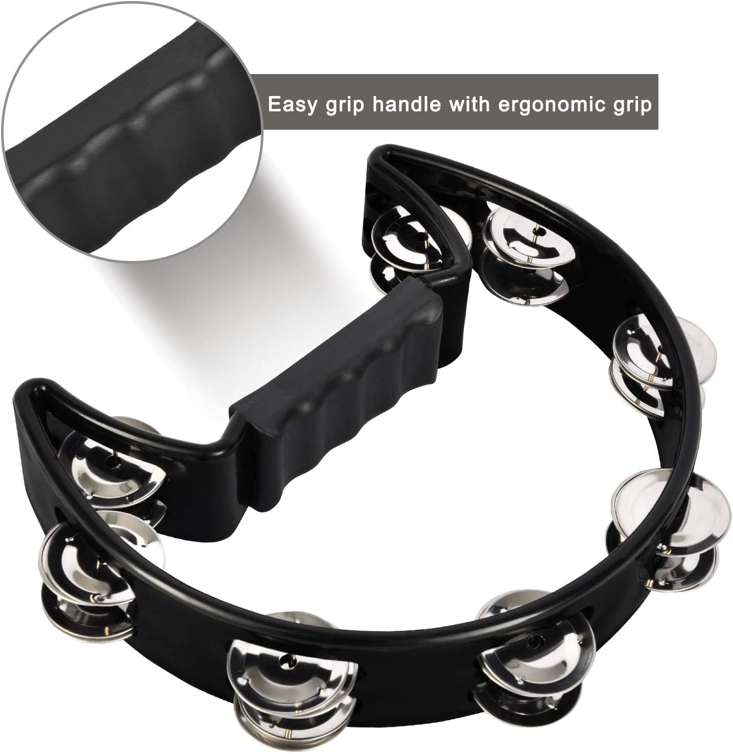 EASTROCK Single Row Tambourine Metal Jingles Hand-Held Percussion Half-Moon ABS Frame Grip Tambourine for Adults & Kids, Stage, Classroom, KTV, Black image number 6