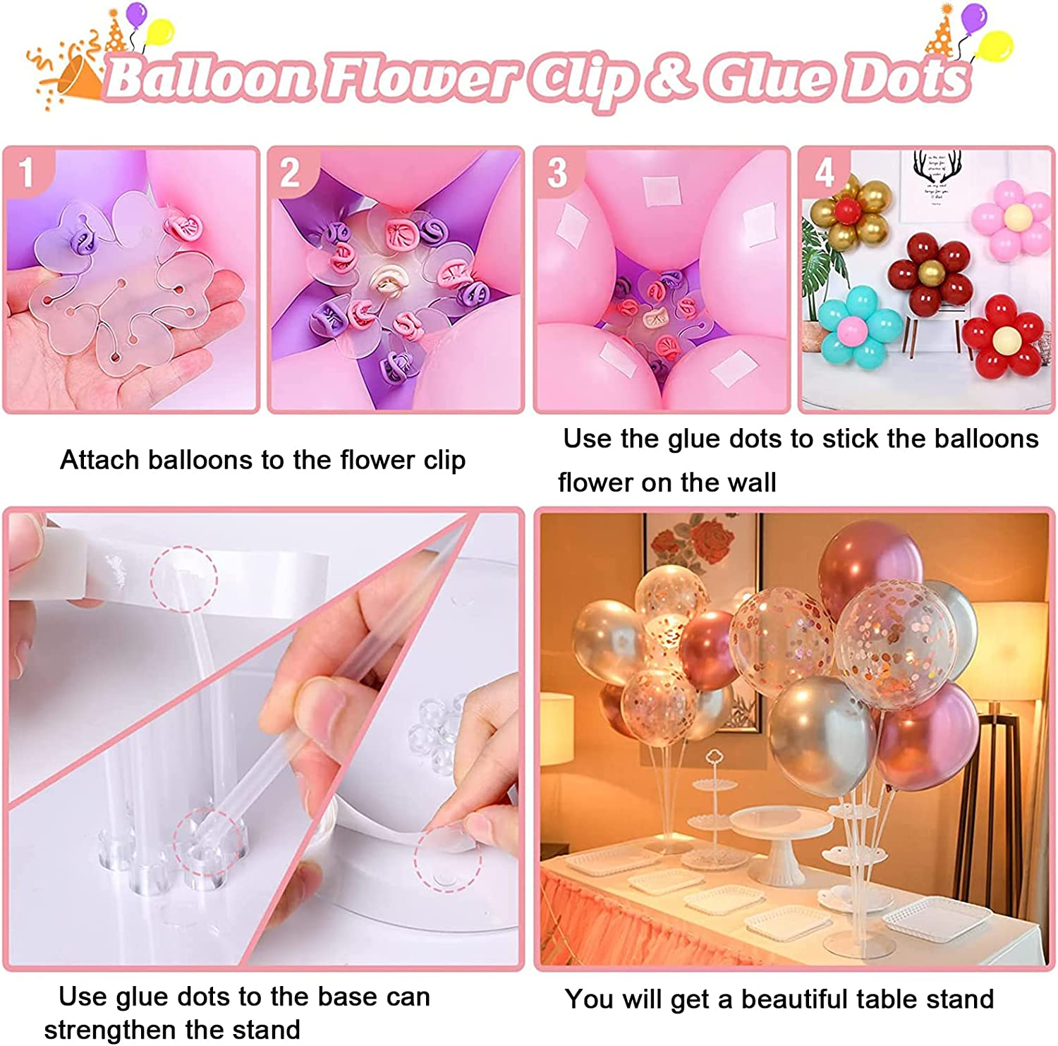 Balloon Stand Holder Kit 6 Sets, Reusable Clear Balloon Stand Holder for Table, Including Glue, Flower Clips, Ribbon, Tying Tool, Table Balloon Stand Suitable for Birthday Wedding Party Decorations image number 5
